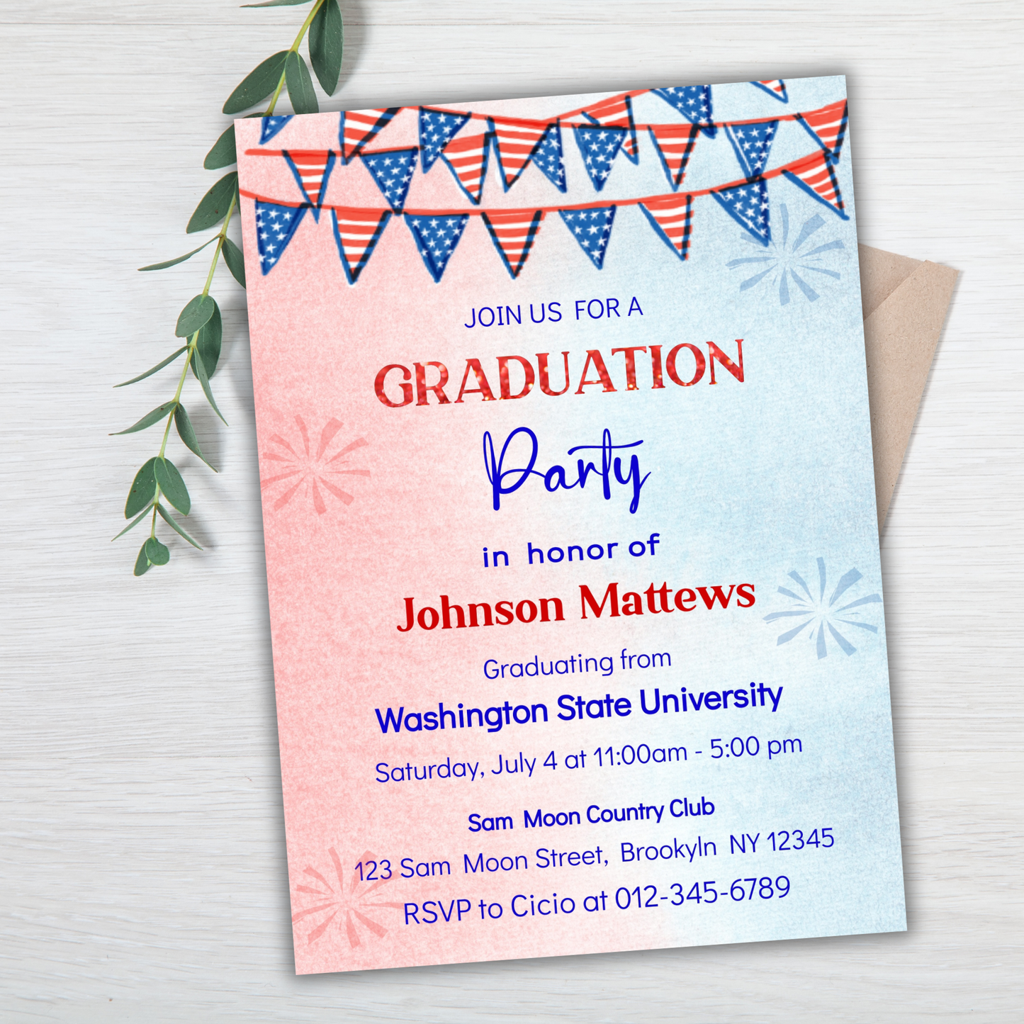 4th of July Graduation Party Invitation Template, High School & College Graduation Invite, Independence Day Graduation Party Invite