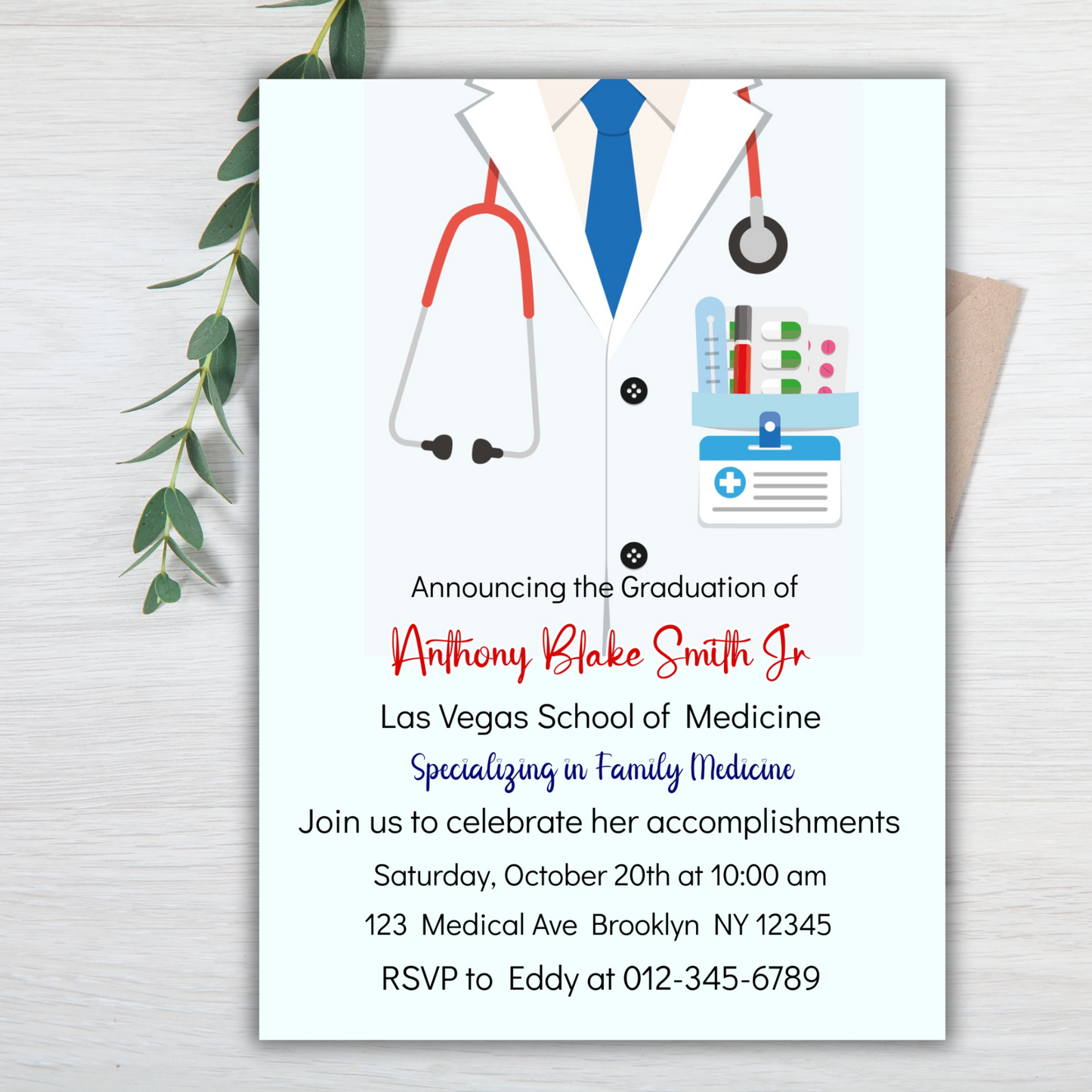 Graduation Party Invitation Template, MD school of medicine Graduation Invitation, Medical Lab Coat Graduation Invite, Digital MD Graduation