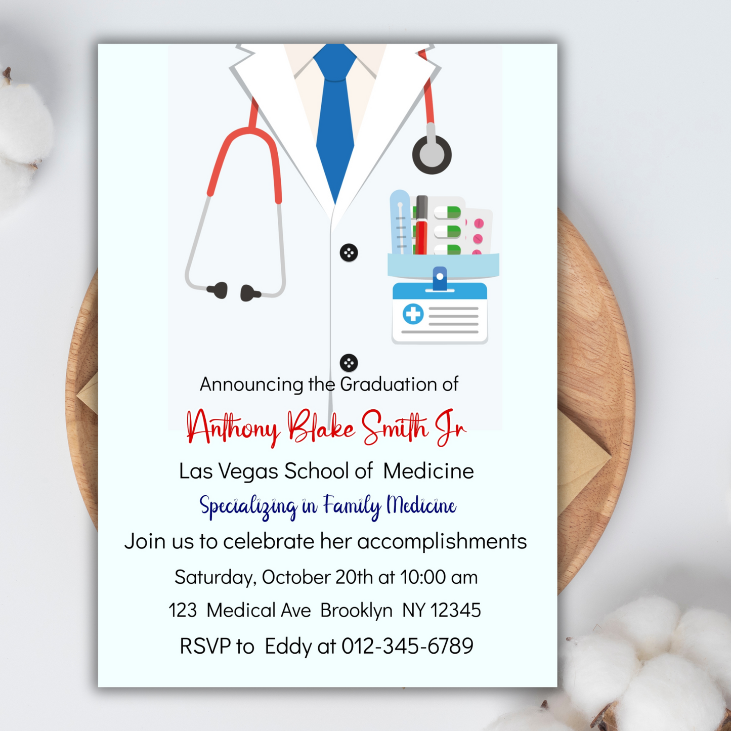 Graduation Party Invitation Template, MD school of medicine Graduation Invitation, Medical Lab Coat Graduation Invite, Digital MD Graduation