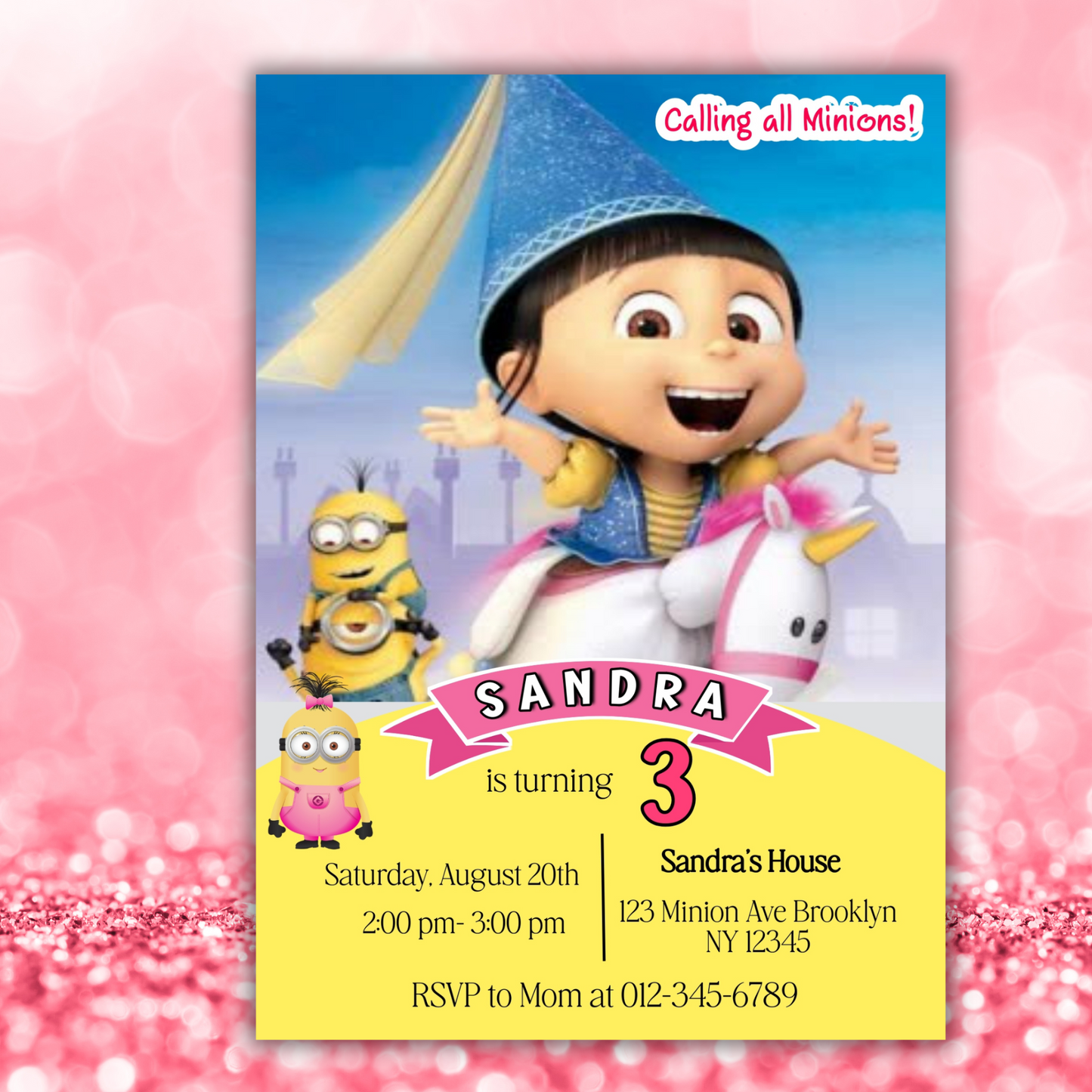 Minion Girl Digital Birthday Invitation, Minion Girl Theme Birthday Party Invitation, Personalized Yellow and White Kids Birthday Invitation