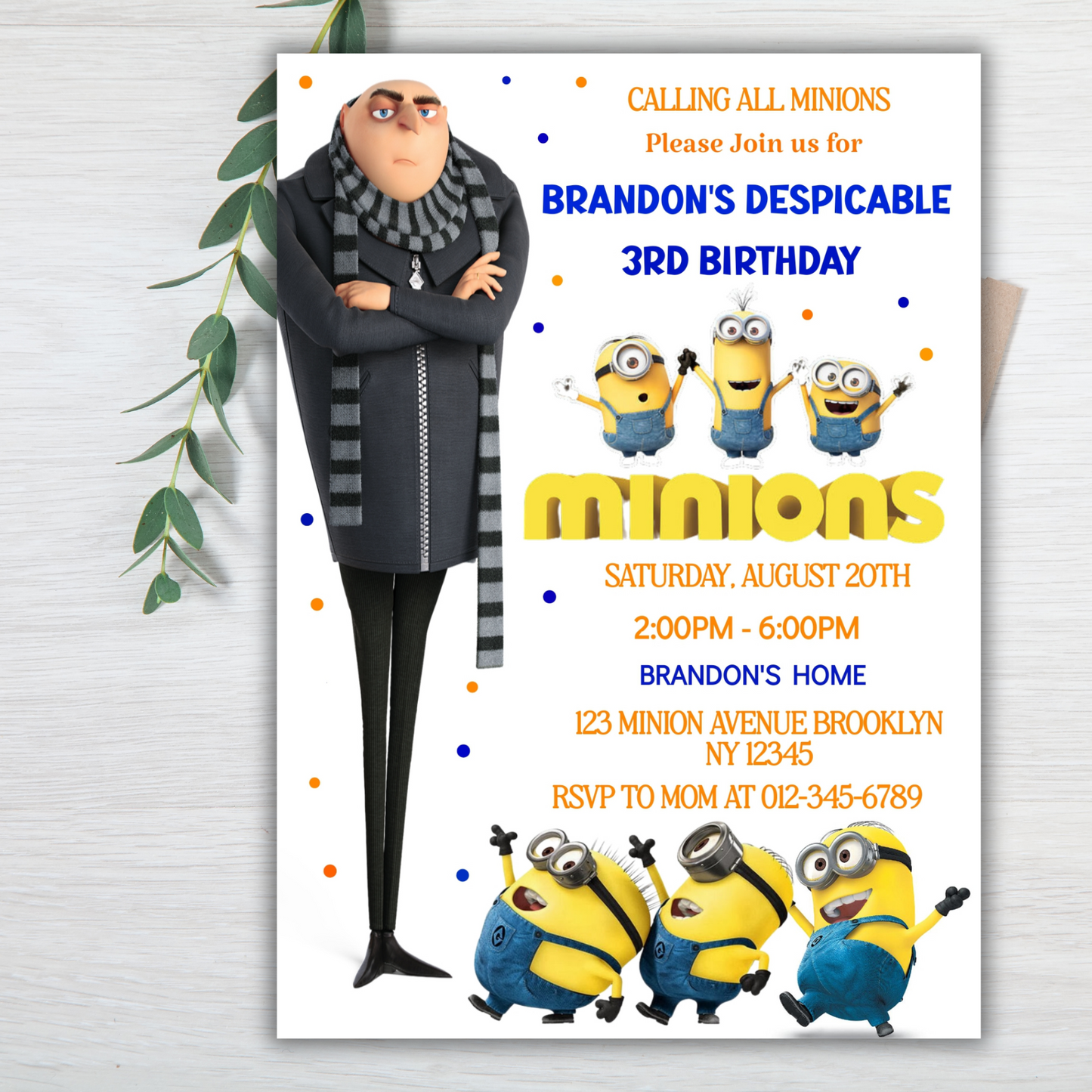 Minion Digital Birthday Invitation, Minion Cartoon Theme Birthday Party Invitation, Personalized Yellow and White Kids Birthday Invitation