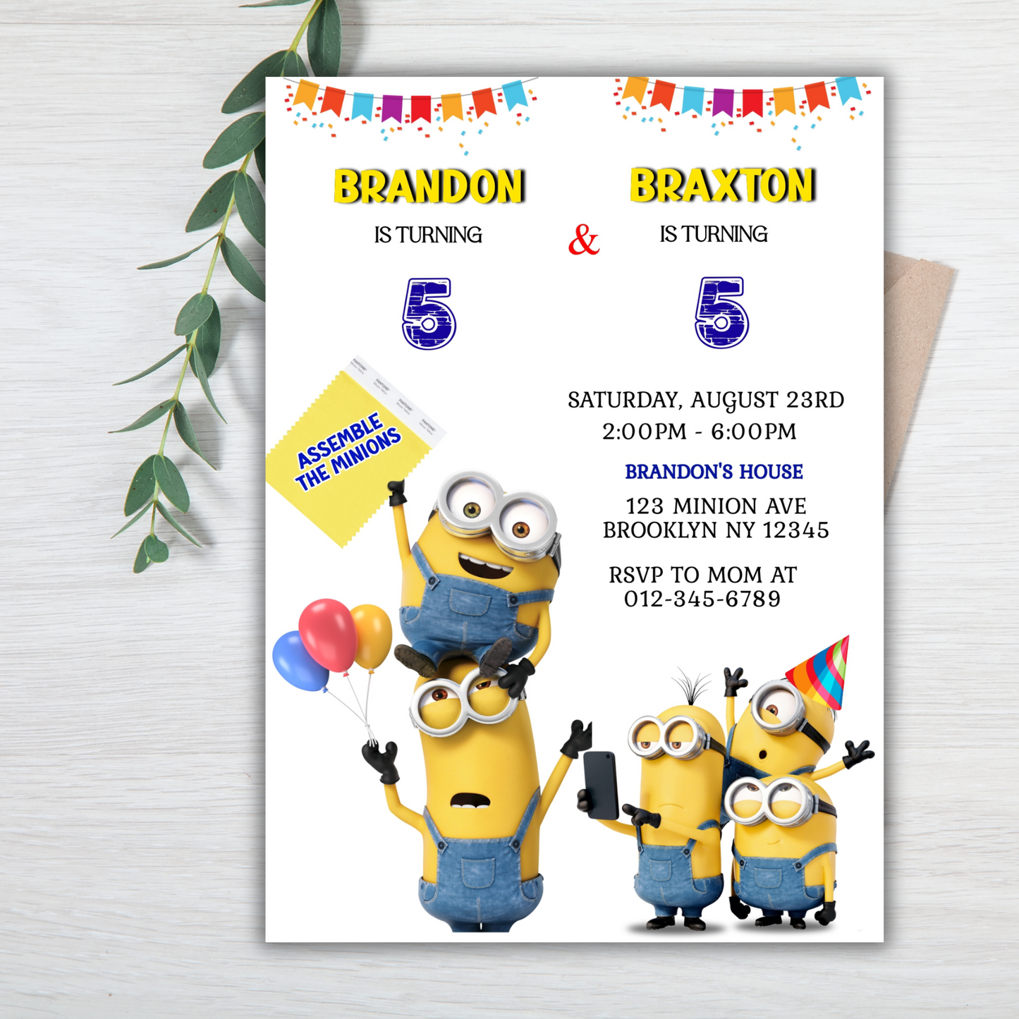 Minion Digital Twin Birthday Invitation, Minion Cartoon Theme Birthday Party Invitation, Twin Party Yellow and White Kids Birthday Invite