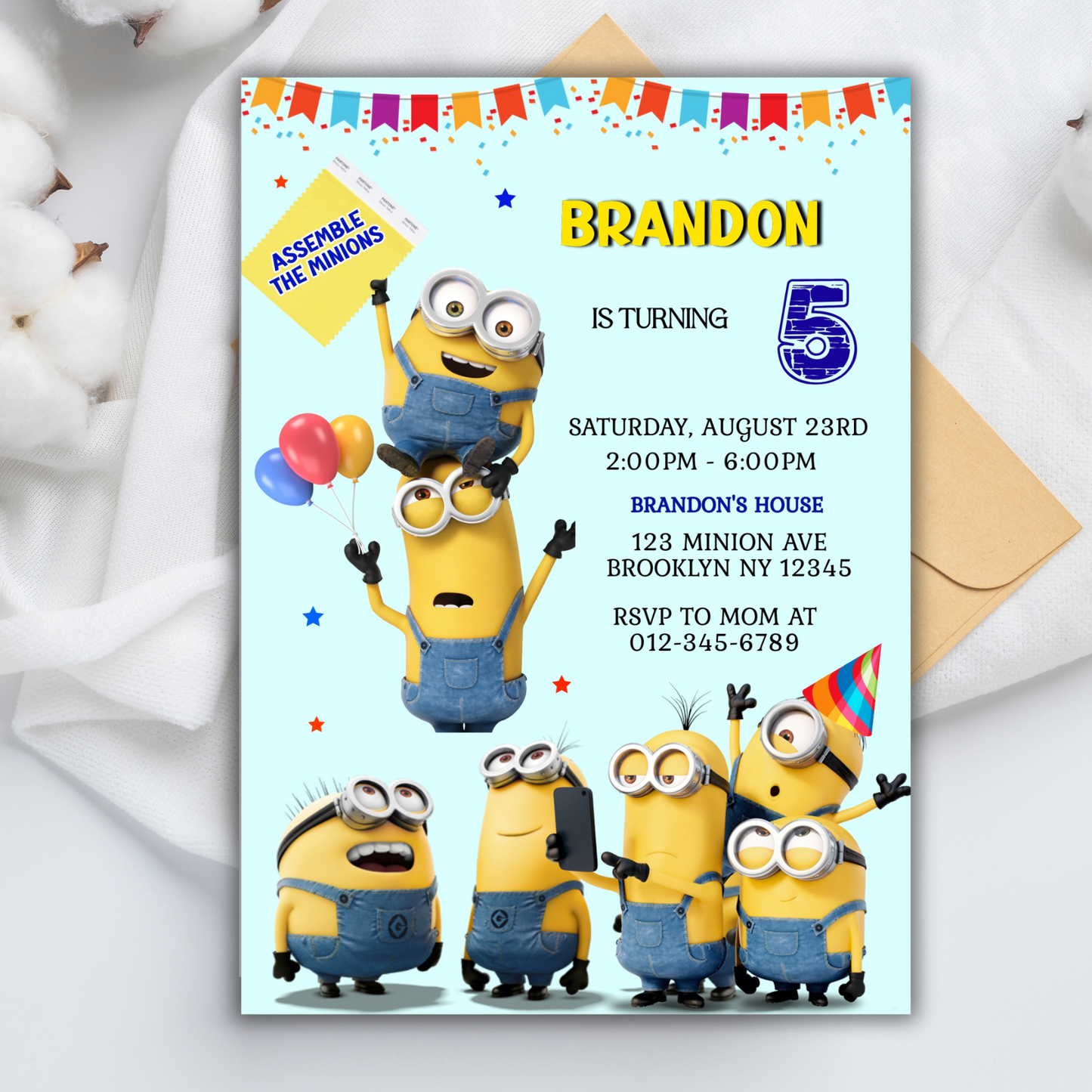 Minion Digital Birthday Invitation, Minion Cartoon Theme Birthday Party Invitation, Personalized Yellow and White Kids Birthday Invitation