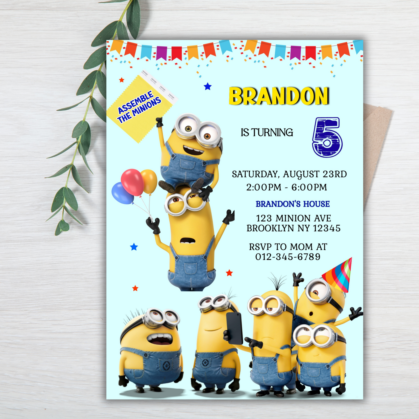 Minion Digital Birthday Invitation, Minion Cartoon Theme Birthday Party Invitation, Personalized Yellow and White Kids Birthday Invitation