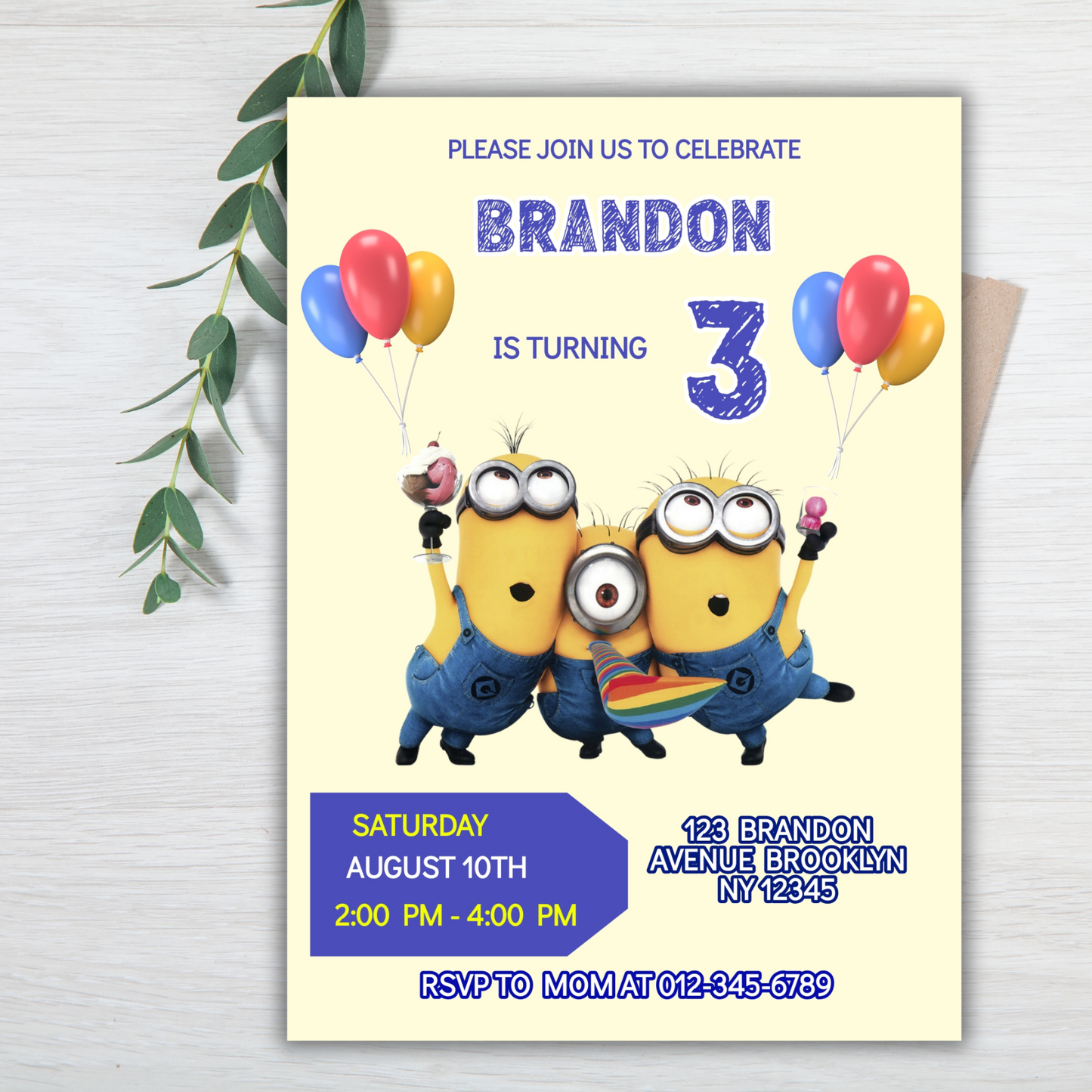 Minion Digital Birthday Invitation, Minion Cartoon Theme Birthday Party Invitation, Personalized Yellow and White Kids Birthday Invitation