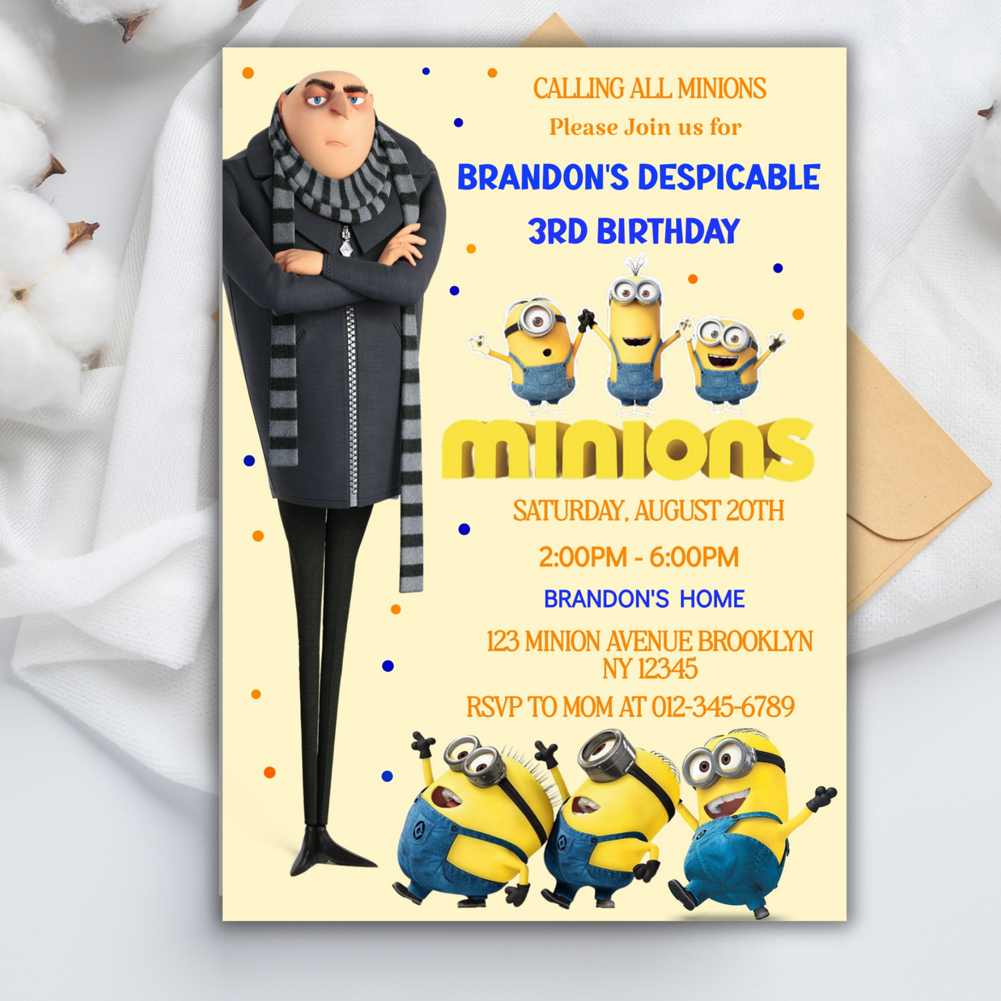 Minion Digital Birthday Invitation, Minion Cartoon Theme Birthday Party Invitation, Personalized Yellow and White Kids Birthday Invitation