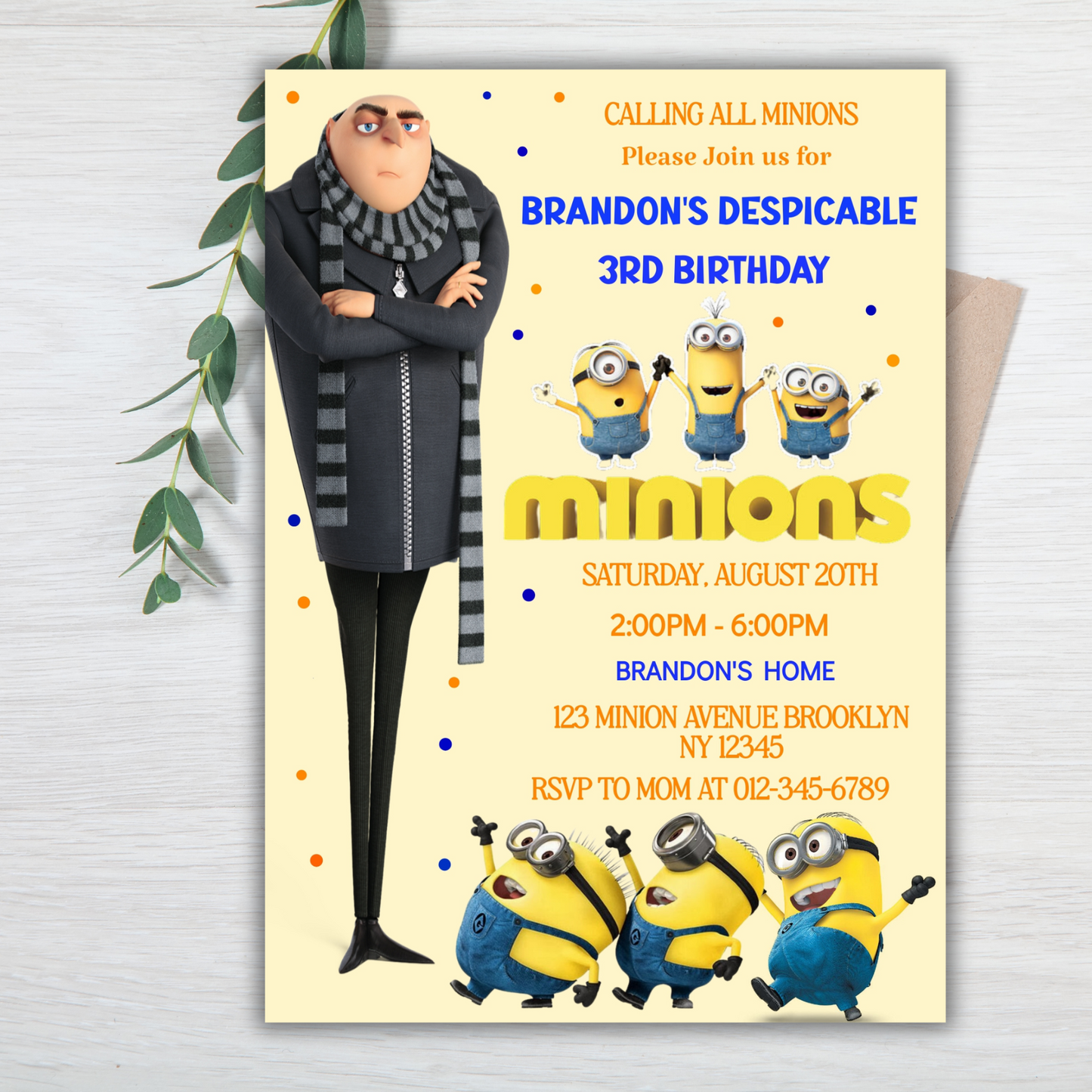 Minion Digital Birthday Invitation, Minion Cartoon Theme Birthday Party Invitation, Personalized Yellow and White Kids Birthday Invitation