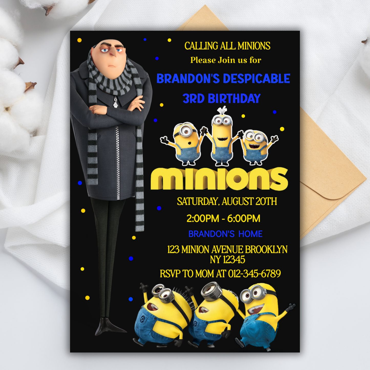Minion Digital Birthday Invitation, Minion Cartoon Theme Birthday Party Invitation, Personalized Yellow and White Kids Birthday Invitation (Copy)