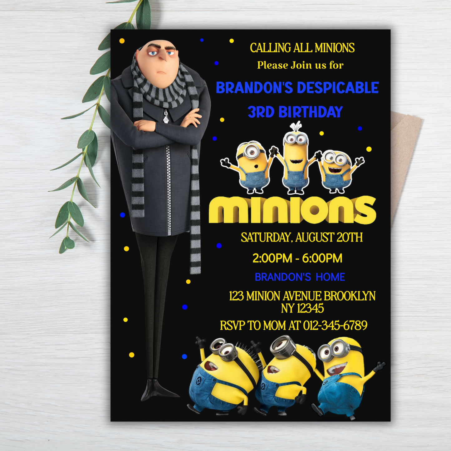 Minion Digital Birthday Invitation, Minion Cartoon Theme Birthday Party Invitation, Personalized Yellow and White Kids Birthday Invitation (Copy)