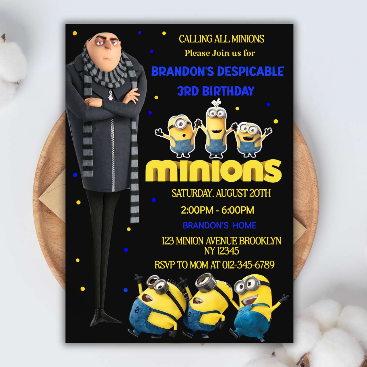 Minion Digital Birthday Invitation, Minion Cartoon Theme Birthday Party Invitation, Personalized Yellow and White Kids Birthday Invitation (Copy)