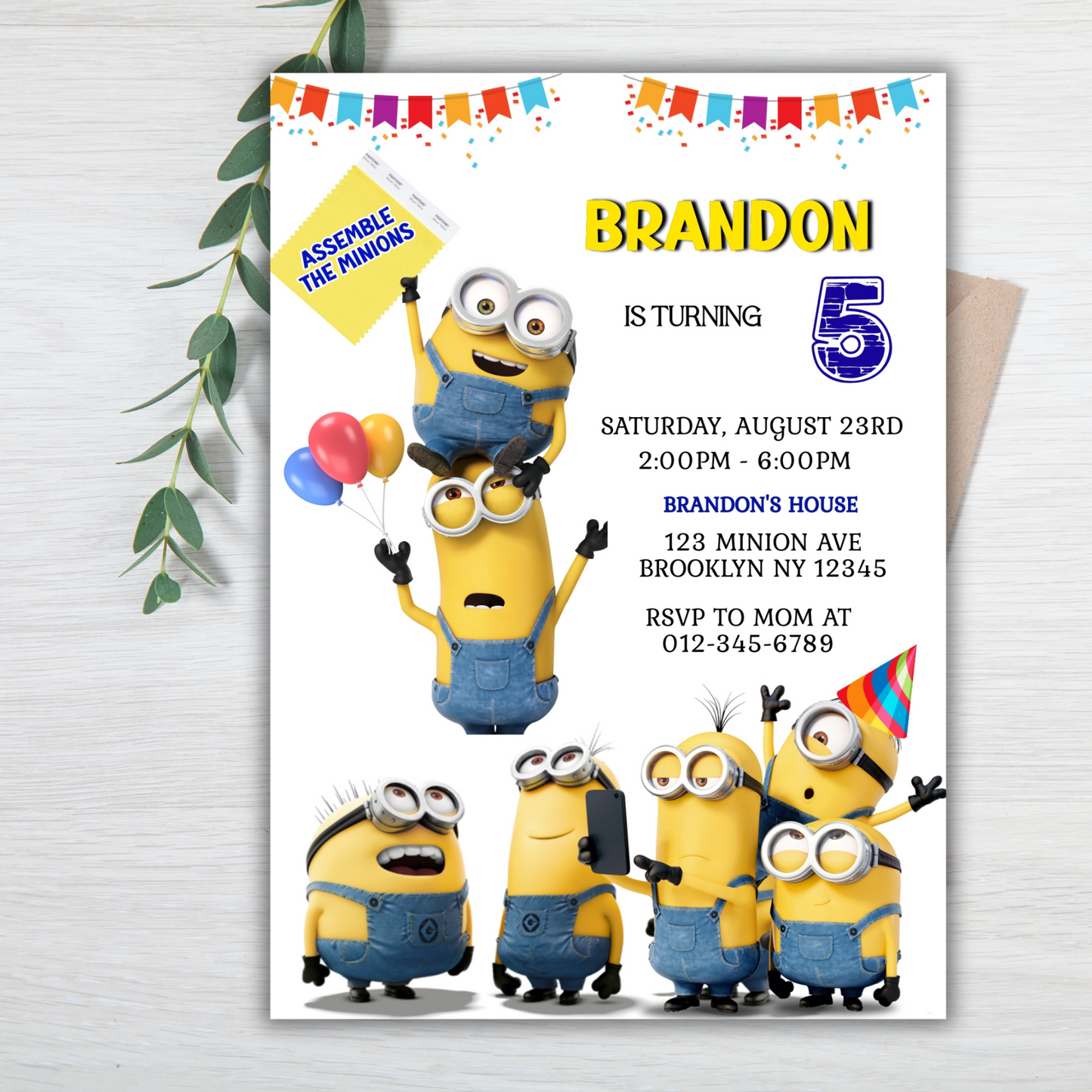 Minion Digital Birthday Invitation, Minion Cartoon Theme Birthday Party Invitation, Personalized Yellow and White Kids Birthday Invitation