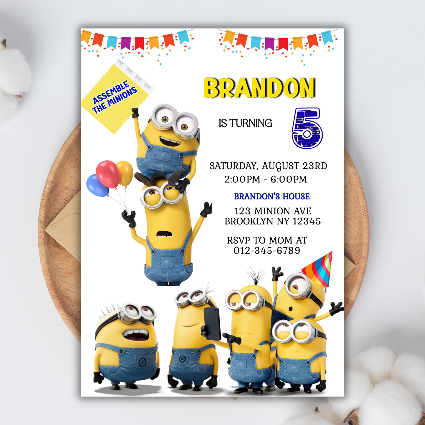 Minion Digital Birthday Invitation, Minion Cartoon Theme Birthday Party Invitation, Personalized Yellow and White Kids Birthday Invitation