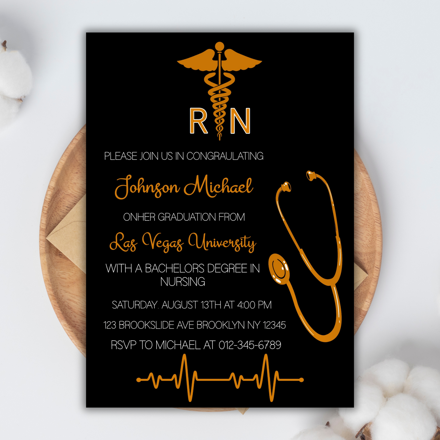 Graduation Party Invitation Template, Registered Nurse Graduation Invitation, RN Graduation Invitation, Black and Gold RN Graduation Invite