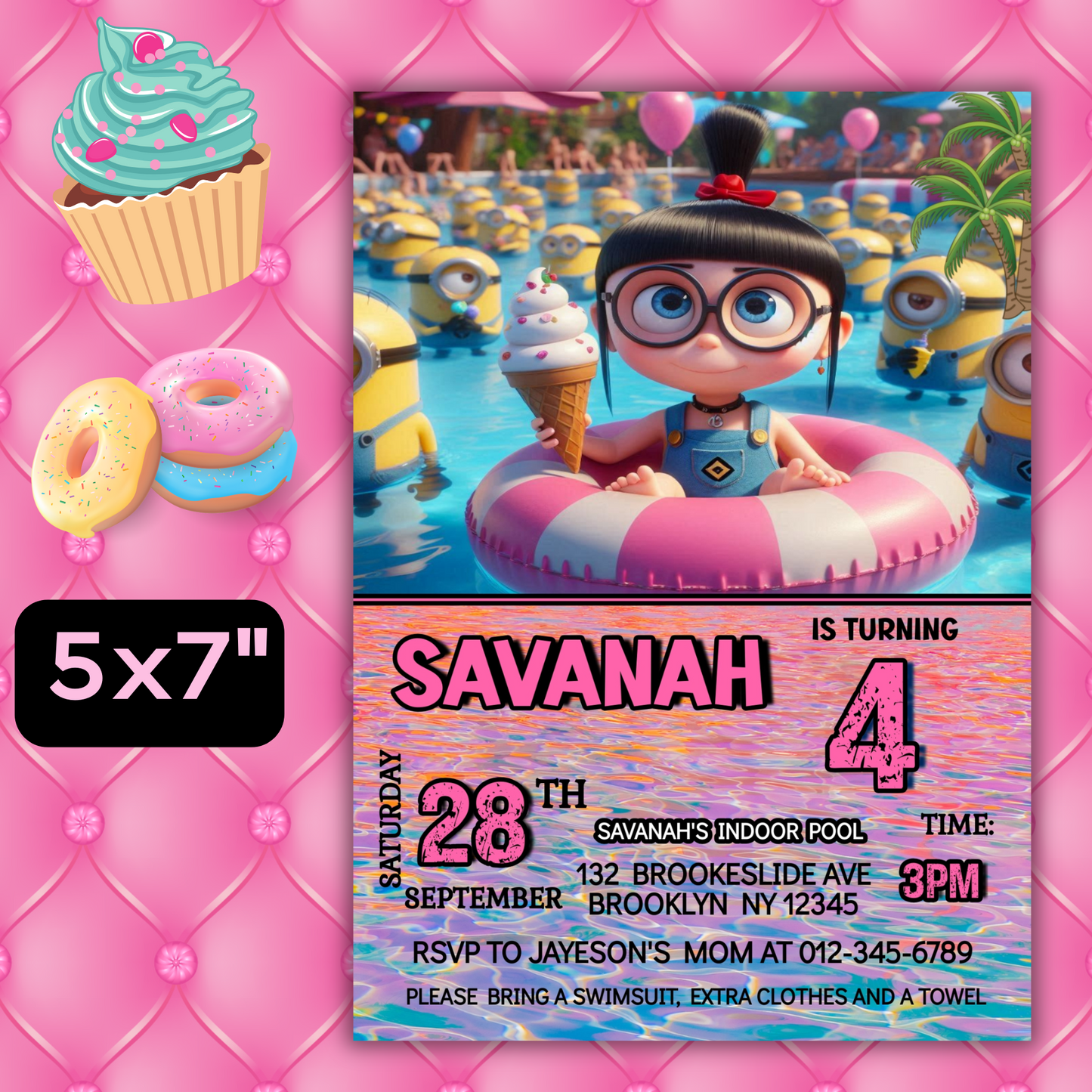 Minion Girl Pool Party Invitation, Agnes Despicable me Pool Party Invite, Minion Pool Party Kids Birthday Invite, Minion Girl Party Invite