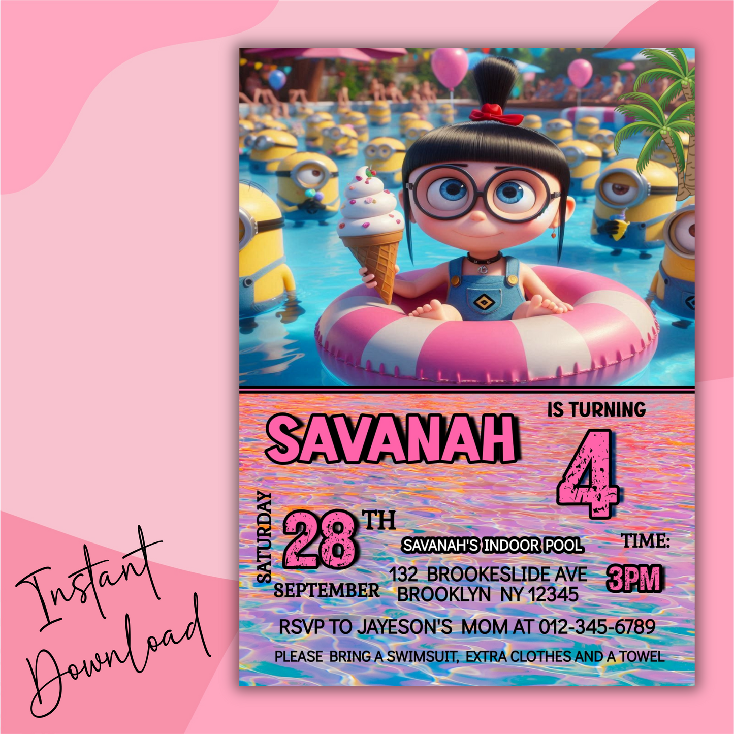 Minion Girl Pool Party Invitation, Agnes Despicable me Pool Party Invite, Minion Pool Party Kids Birthday Invite, Minion Girl Party Invite
