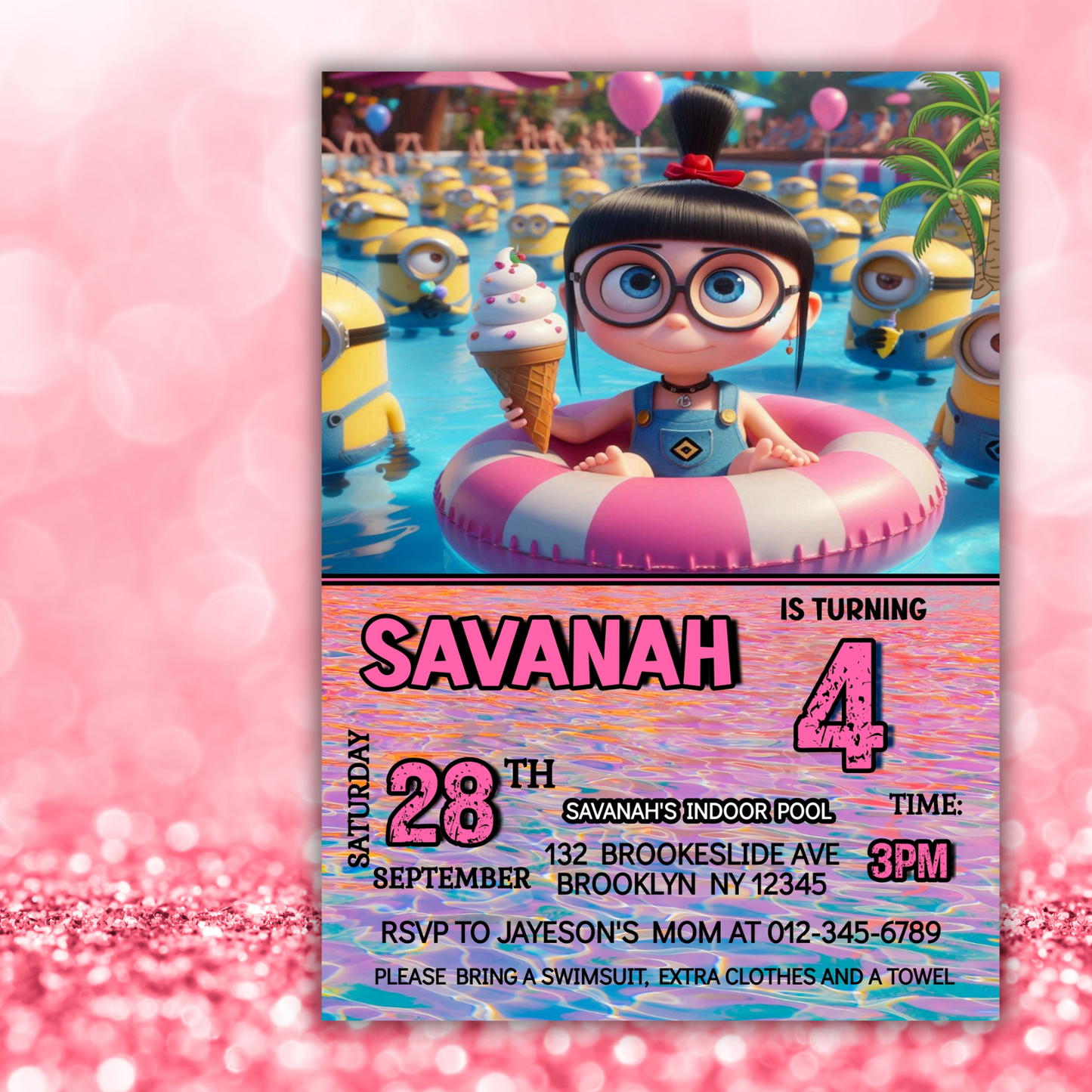 Minion Girl Pool Party Invitation, Agnes Despicable me Pool Party Invite, Minion Pool Party Kids Birthday Invite, Minion Girl Party Invite