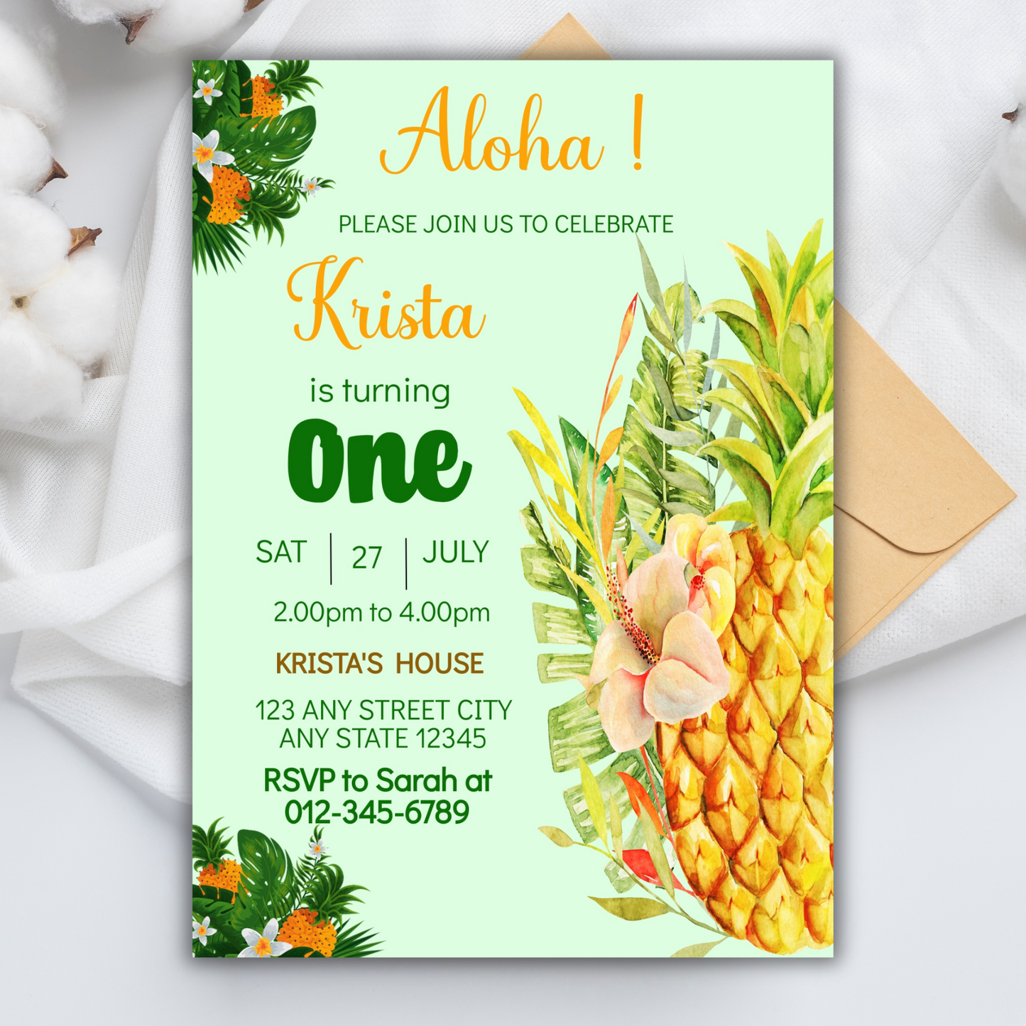 Pineapple Party Aloha Digital Birthday Invitation, Pineapple Party Invitation, Luau Birthday Invitation, Tropical Digital Birthday Invite