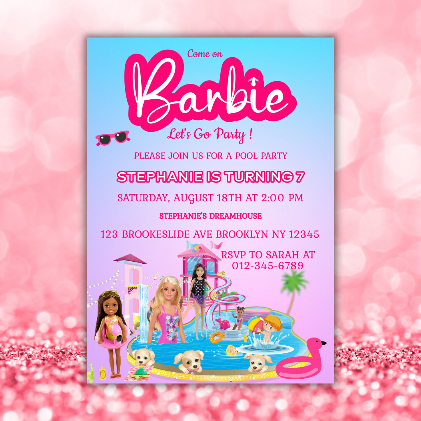 Doll Pool Party Birthday Invitation, Cute Dolls Swim Party, Barbie Baby Doll Birthday Invitation, Barbie Pool Party Girl Birthday Pink Invite