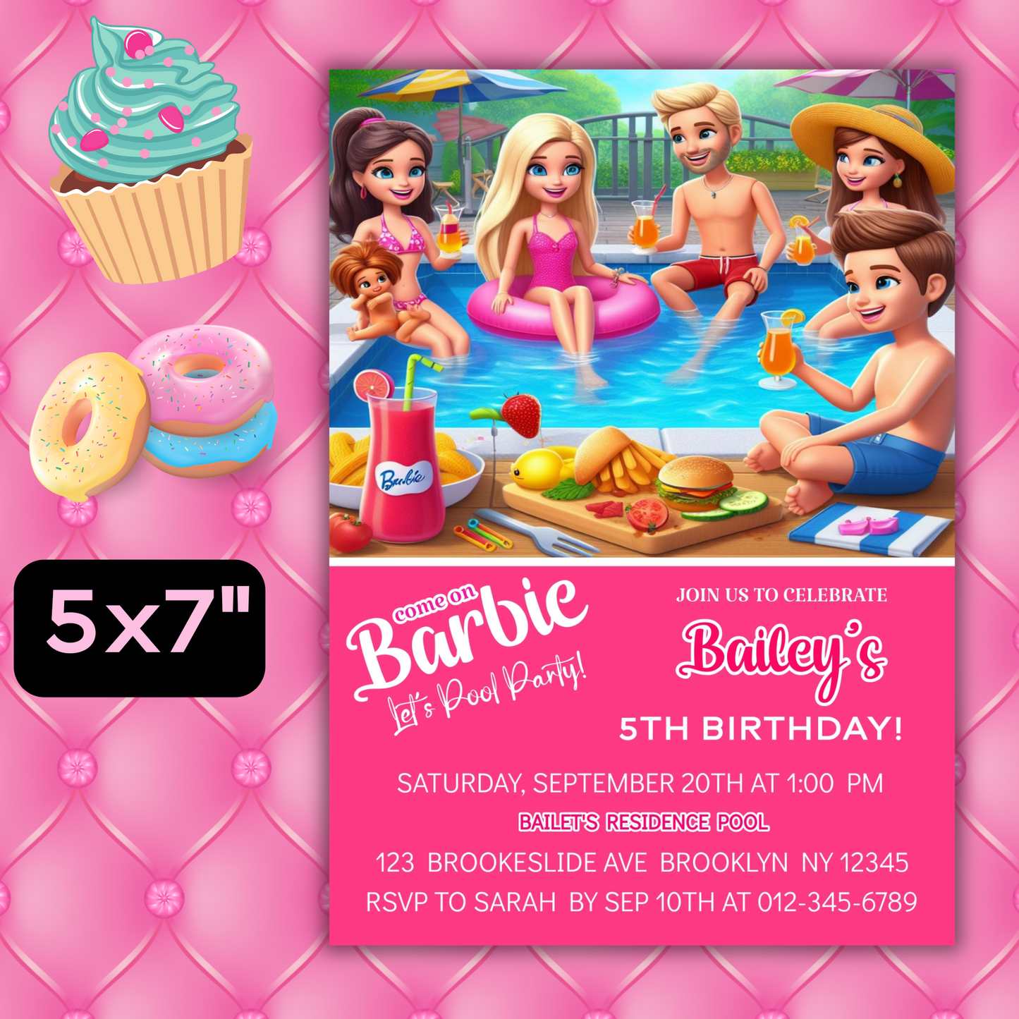 Doll Pool Party Birthday Invitation, Cute Dolls Swim Party, Barbie Baby Doll Birthday Invitation, Barbie Pool Party Girl Birthday Pink Invit