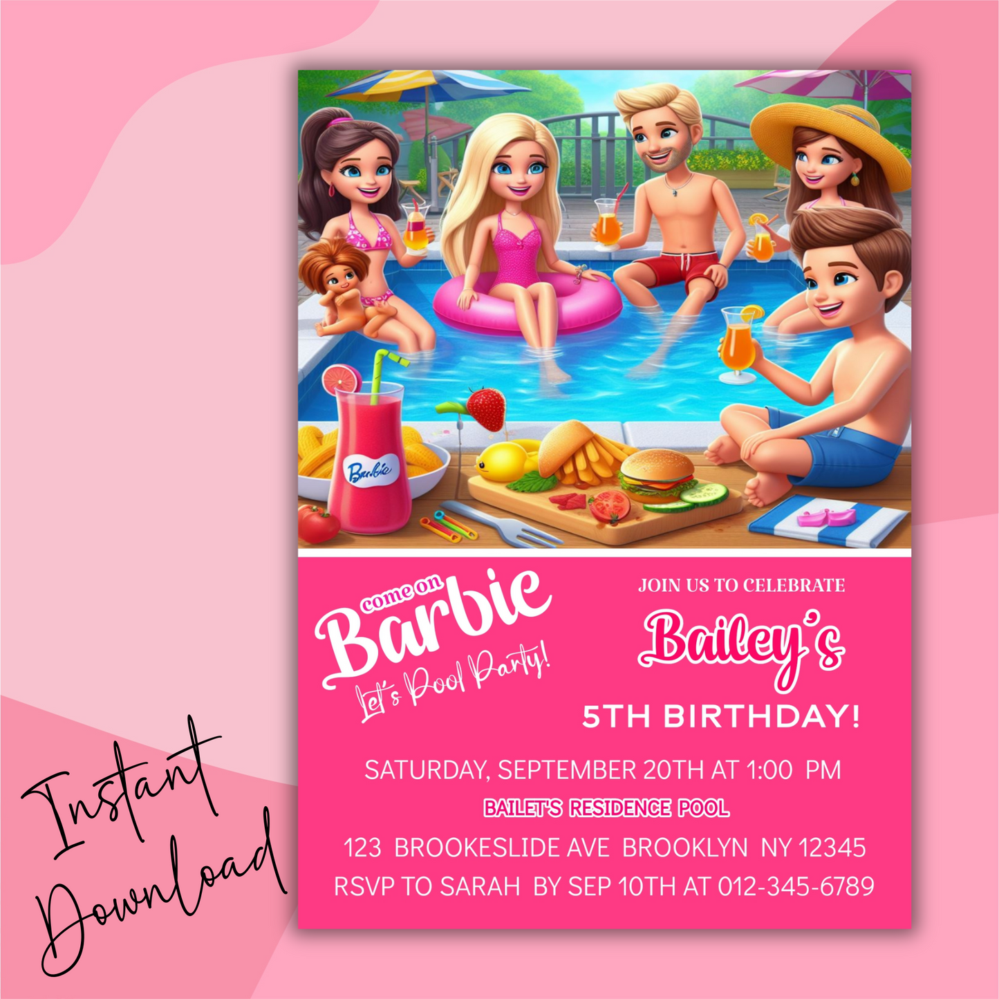 Doll Pool Party Birthday Invitation, Cute Dolls Swim Party, Barbie Baby Doll Birthday Invitation, Barbie Pool Party Girl Birthday Pink Invit