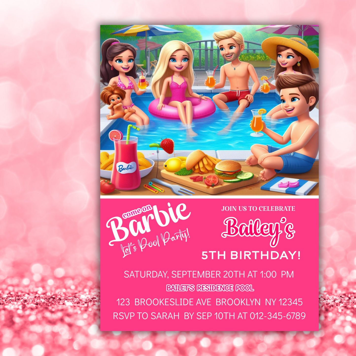 Doll Pool Party Birthday Invitation, Cute Dolls Swim Party, Barbie Baby Doll Birthday Invitation, Barbie Pool Party Girl Birthday Pink Invit