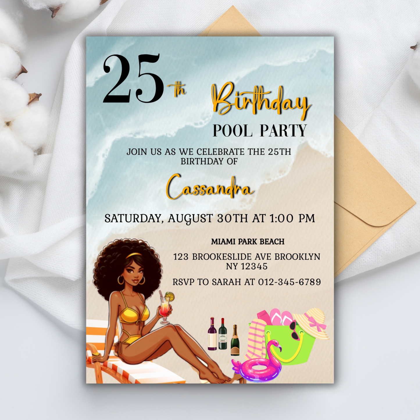 25th Birthday Beach Pool Party Invitation | Editable Summer Water Bash Invite | Tropical Digital Download for Women or Men