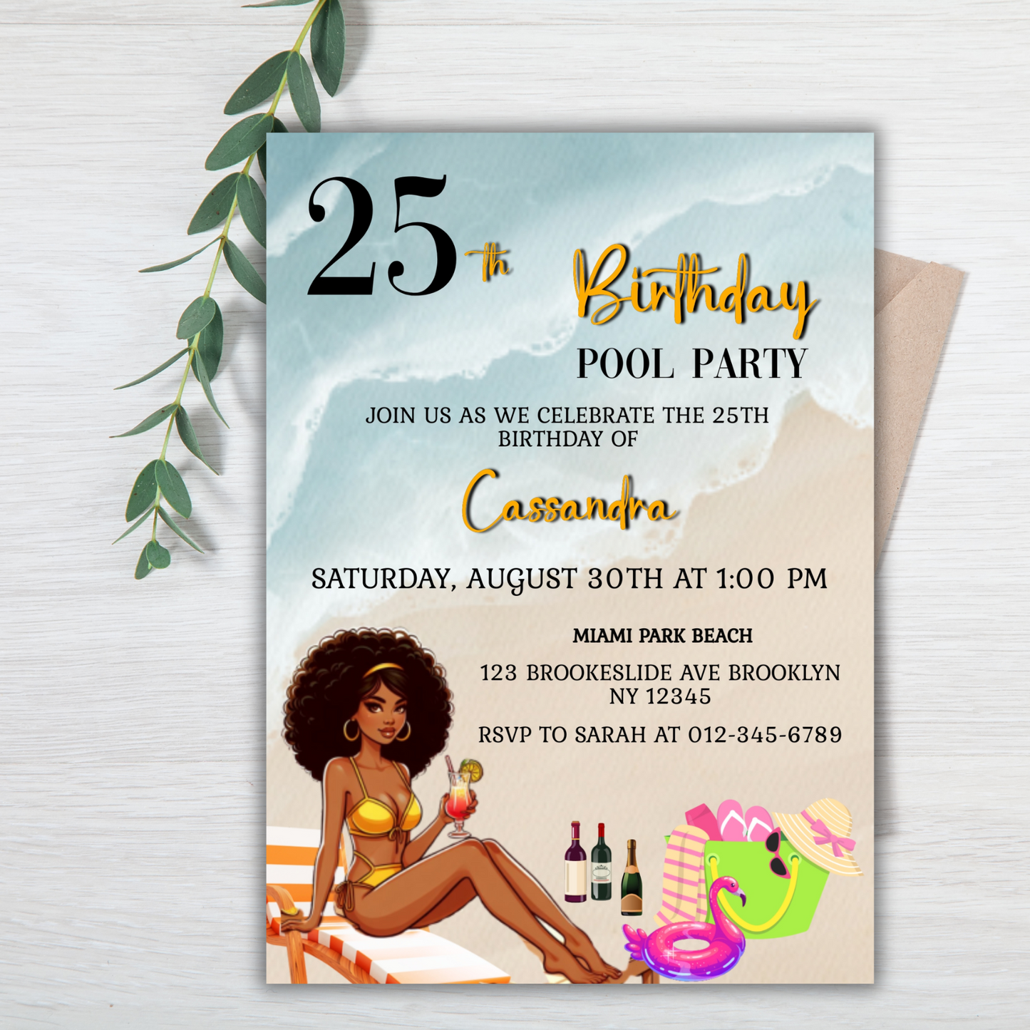 25th Birthday Beach Pool Party Invitation | Editable Summer Water Bash Invite | Tropical Digital Download for Women or Men