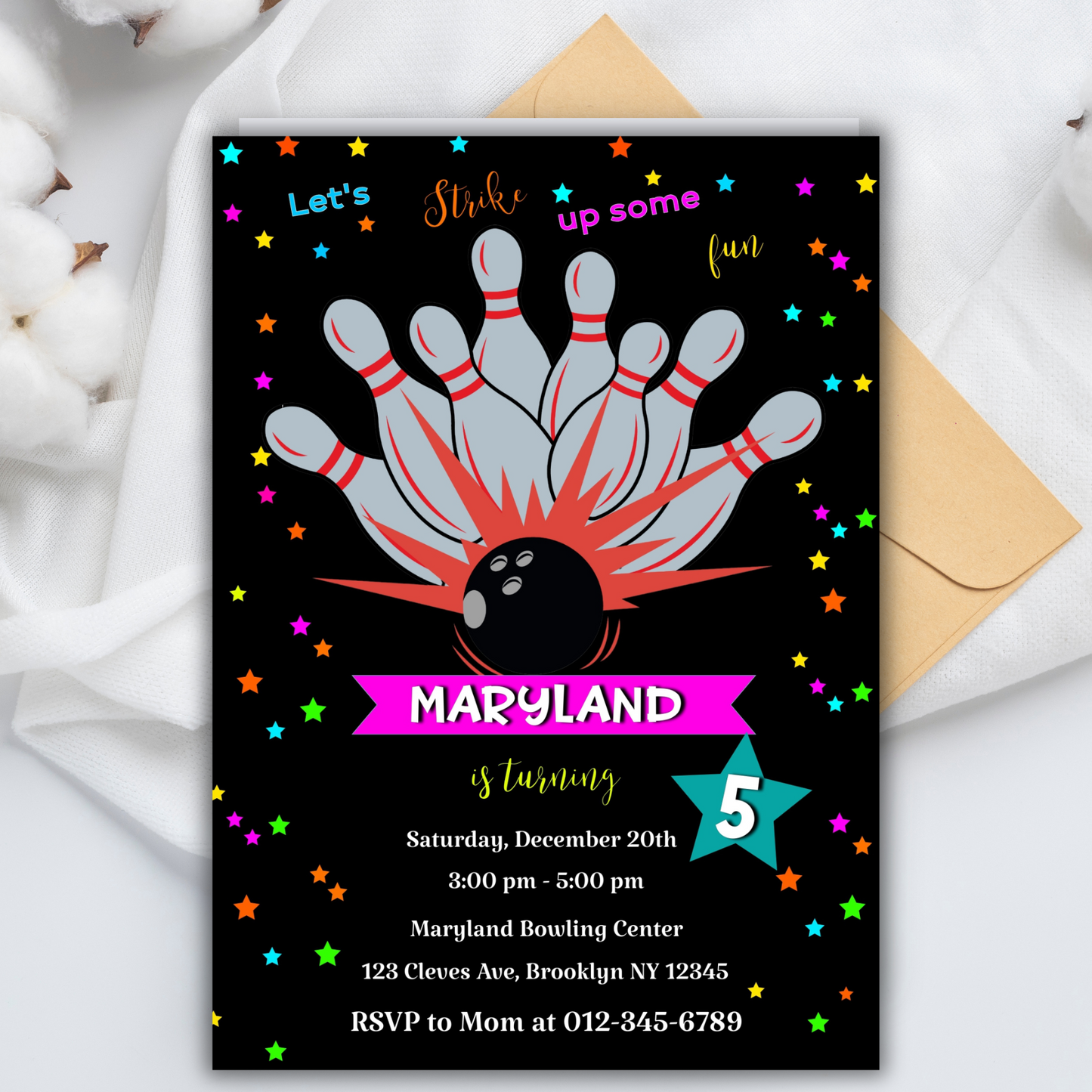 Editable Bowling Birthday Party Invitation, Bowling Birthday Digital Invite for Men, any age, Let's Strike Up Some Fun Bowl Birthday Invite