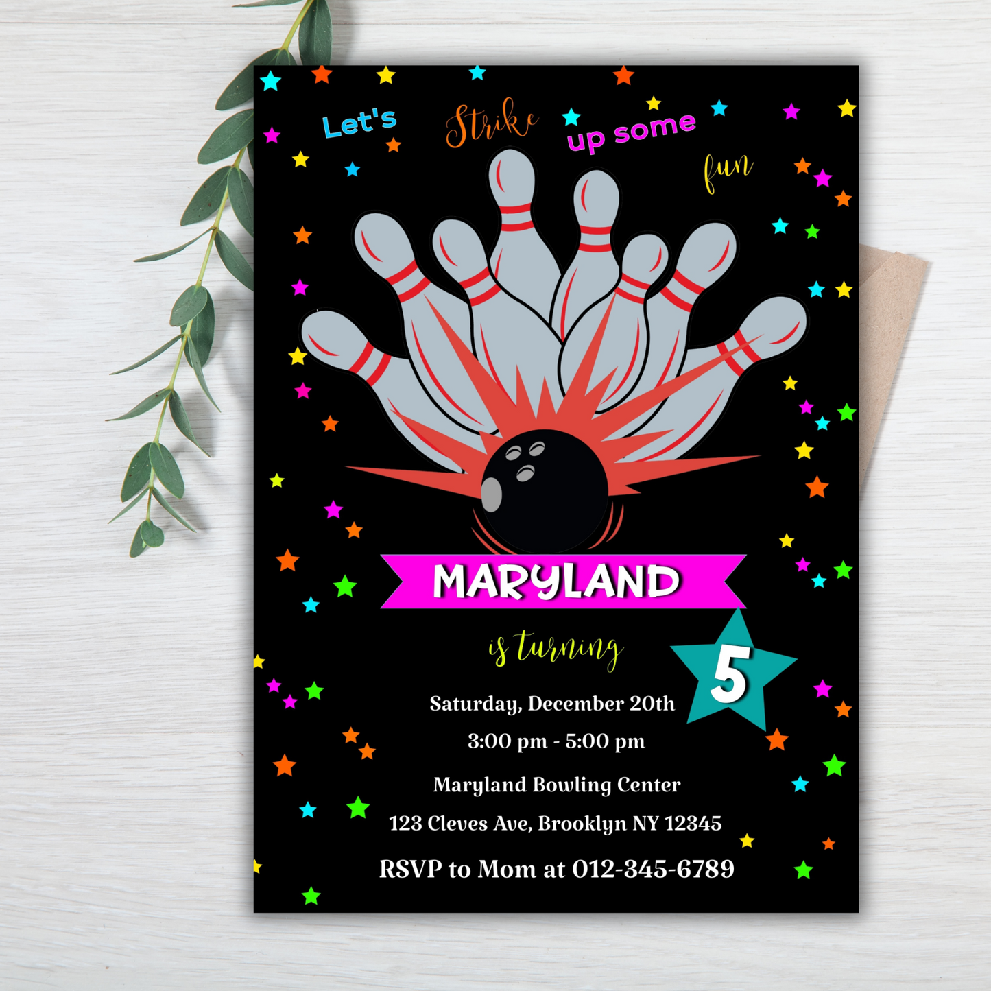 Editable Bowling Birthday Party Invitation, Bowling Birthday Digital Invite for Men, any age, Let's Strike Up Some Fun Bowl Birthday Invite