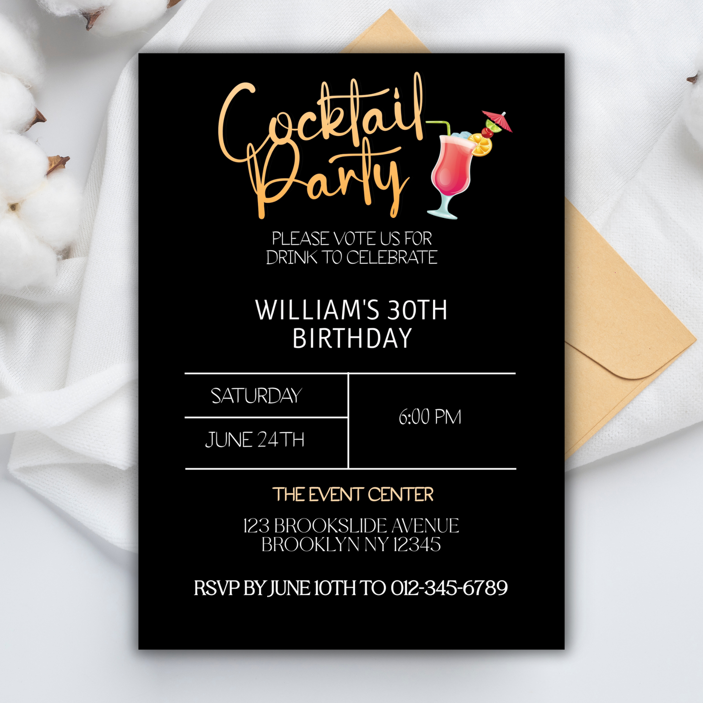 Cocktail Birthday Party Digital Invitation, Modern Cocktail Theme Birthday Celebration Printable Invite, White and Gold Printable Invitation