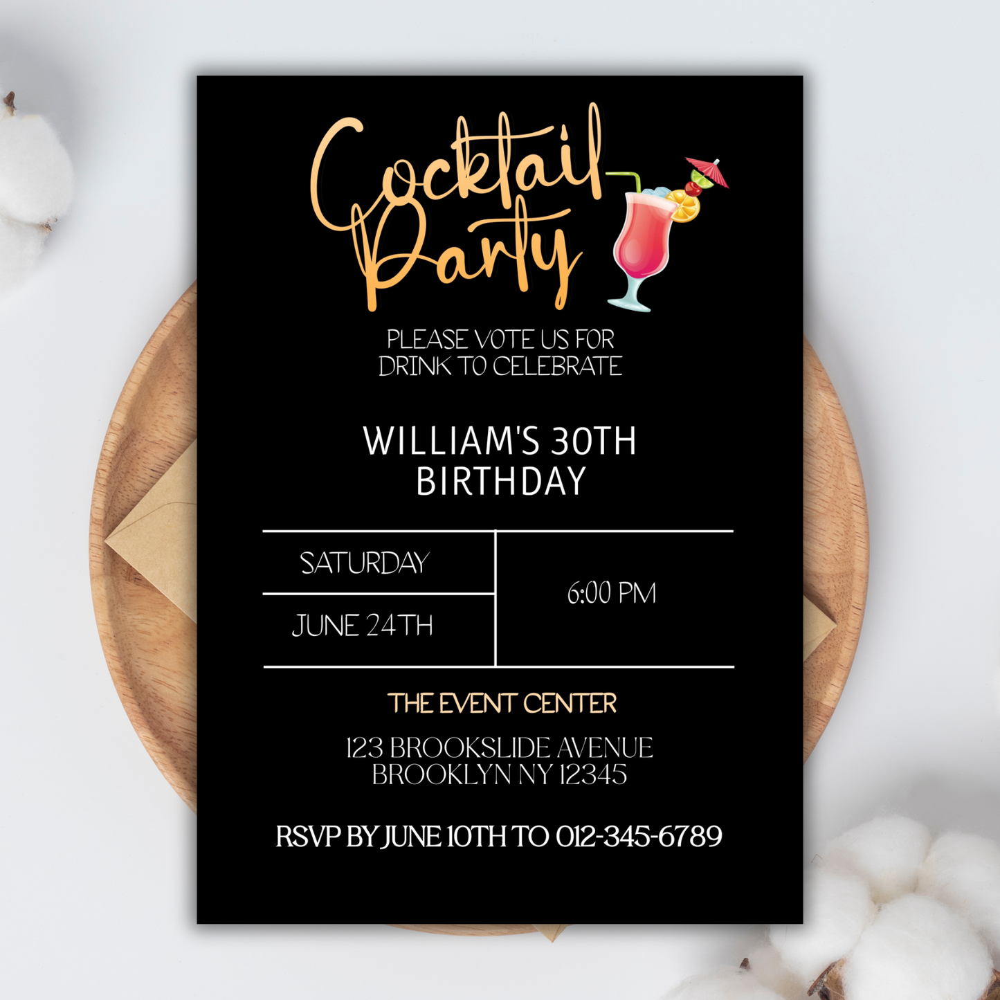 Cocktail Birthday Party Digital Invitation, Modern Cocktail Theme Birthday Celebration Printable Invite, White and Gold Printable Invitation