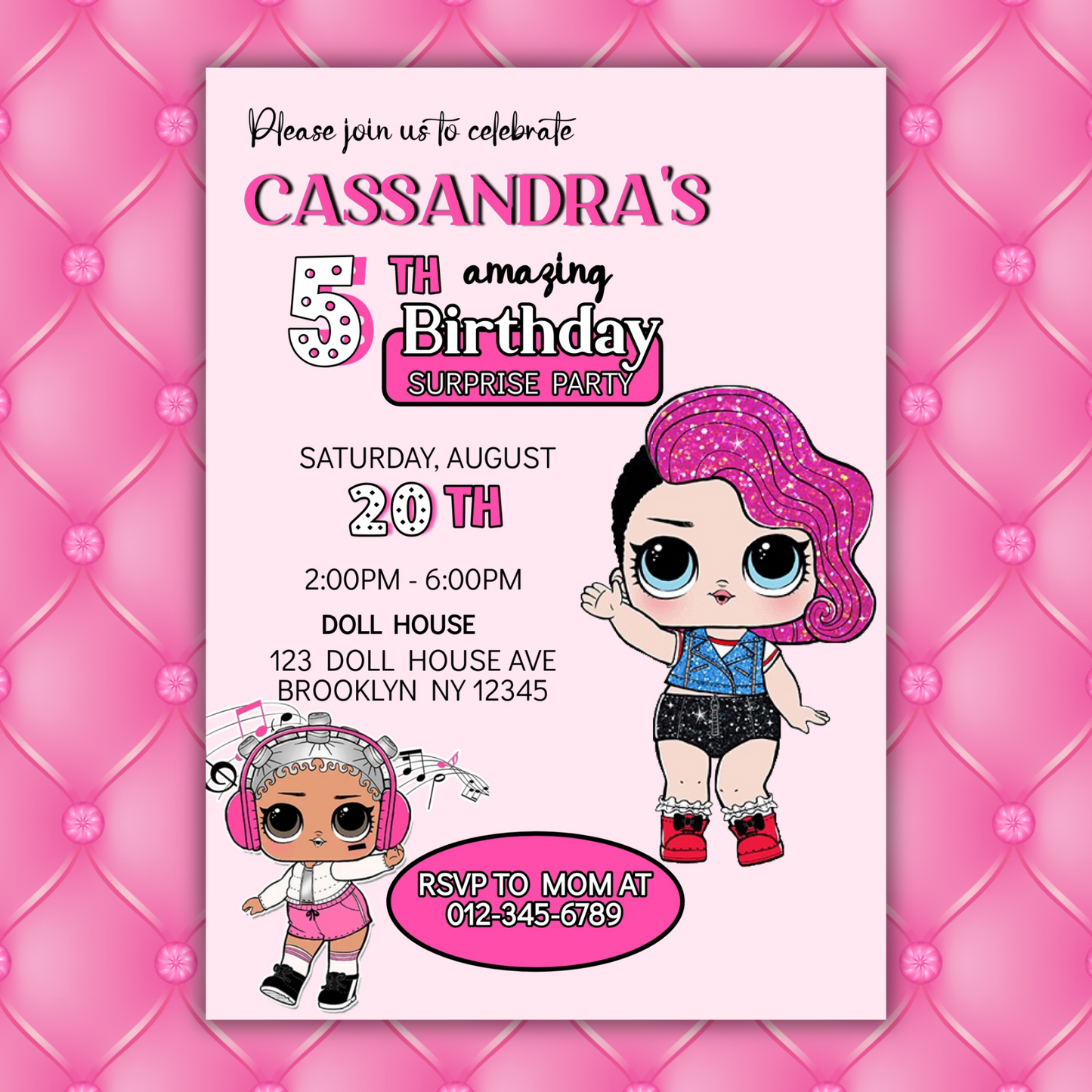 Lol Birthday Digital Invitation, Cute Lol Birthday Cards, Editable Lol Doll Birthday Invitation, LOL Girl Birthday Pink Invitation
