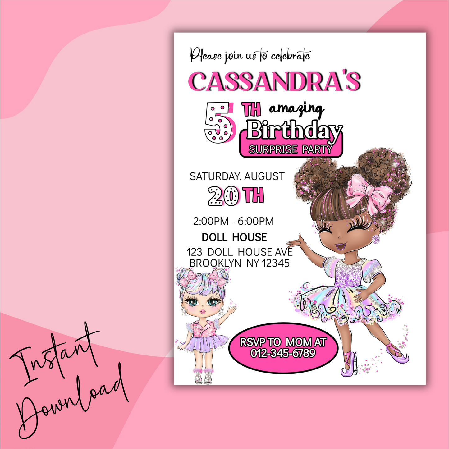 Doll Birthday Digital Invitation, Cute Dolls Birthday Cards, Editable Baby Doll Birthday Invitation, Girl Birthday Pink Invitation