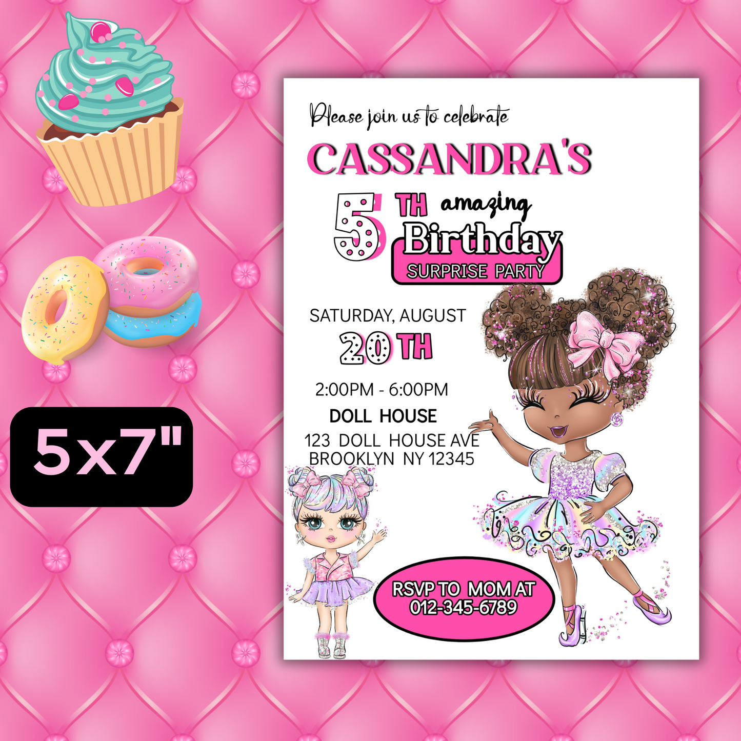 Doll Birthday Digital Invitation, Cute Dolls Birthday Cards, Editable Baby Doll Birthday Invitation, Girl Birthday Pink Invitation