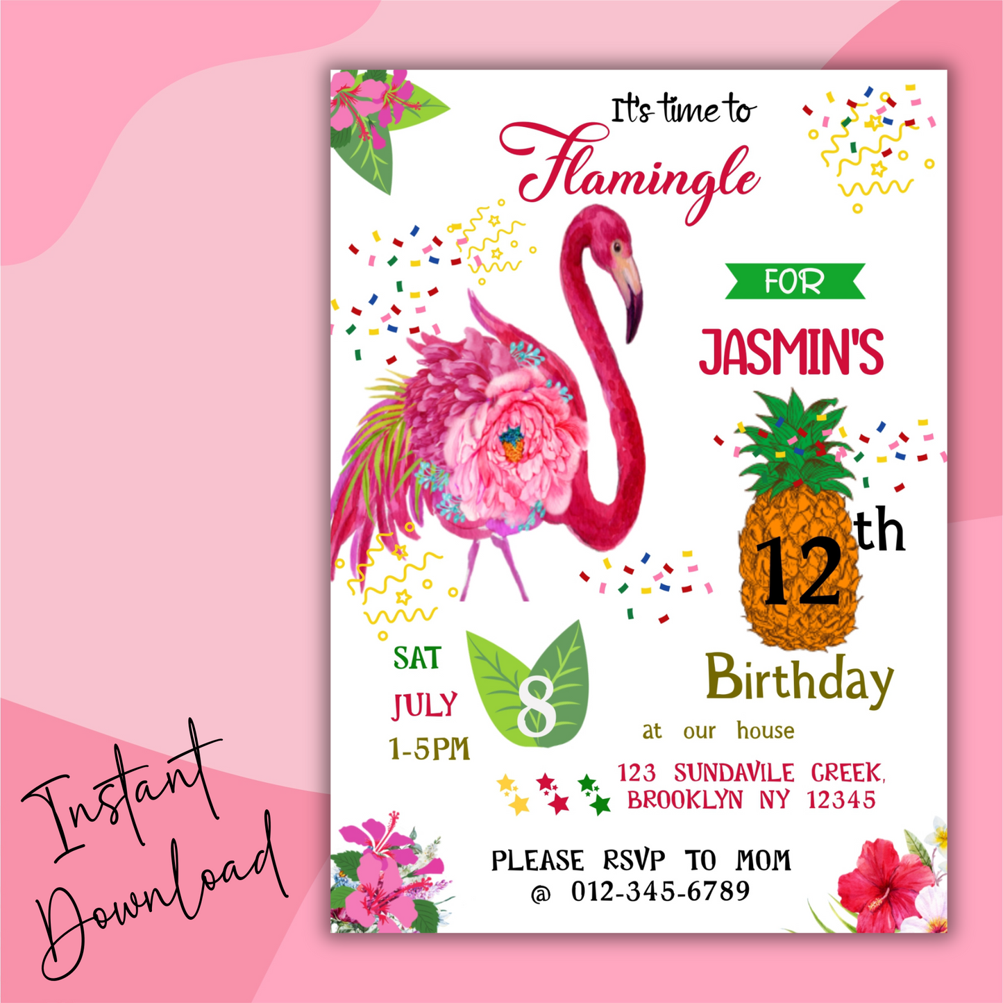 Flamingo Birthday Party Digital Invitation, Let's Flamingle Invitation, Tropical Birthday Invite, Pink Flamingo Invite, Summer Party Invite
