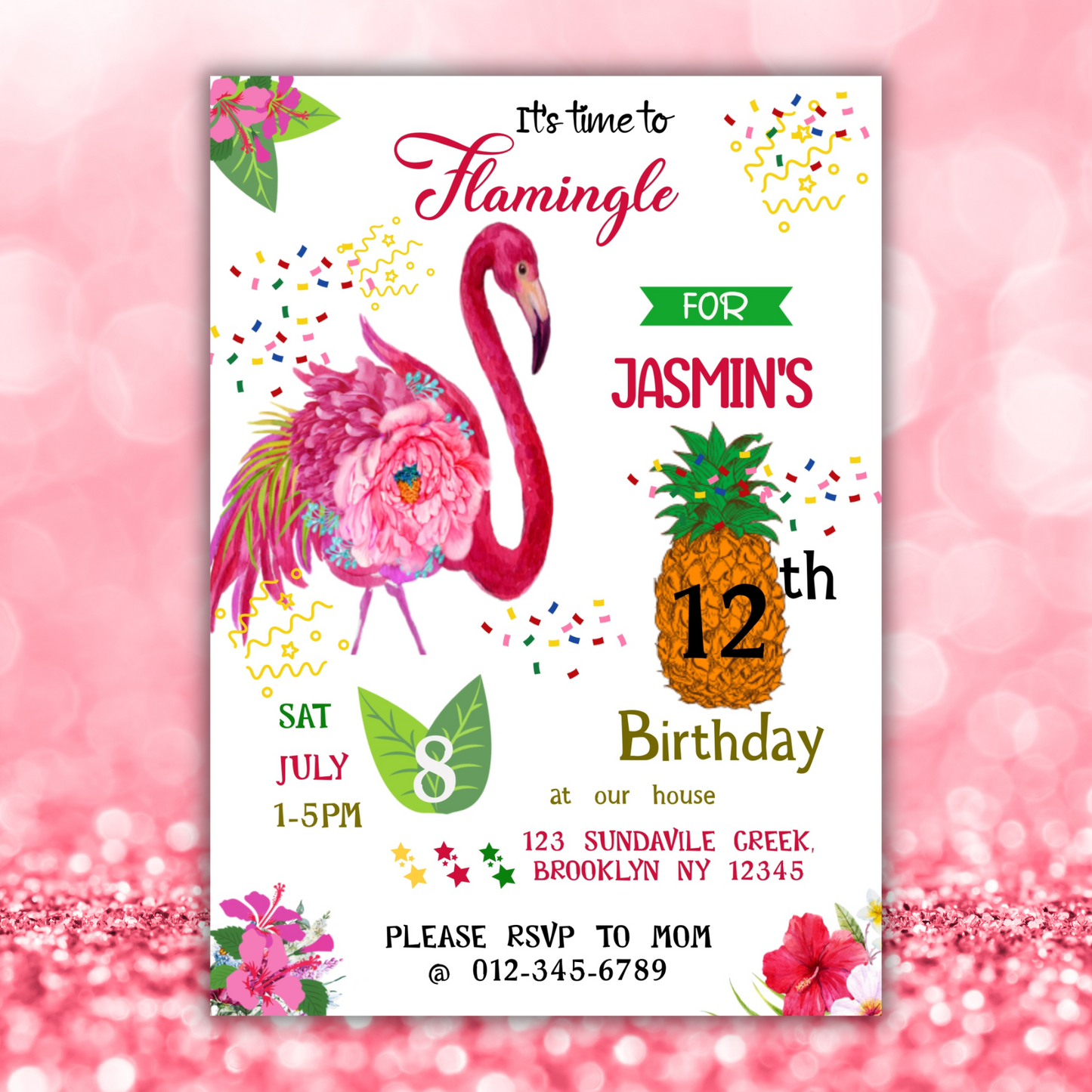 Flamingo Birthday Party Digital Invitation, Let's Flamingle Invitation, Tropical Birthday Invite, Pink Flamingo Invite, Summer Party Invite