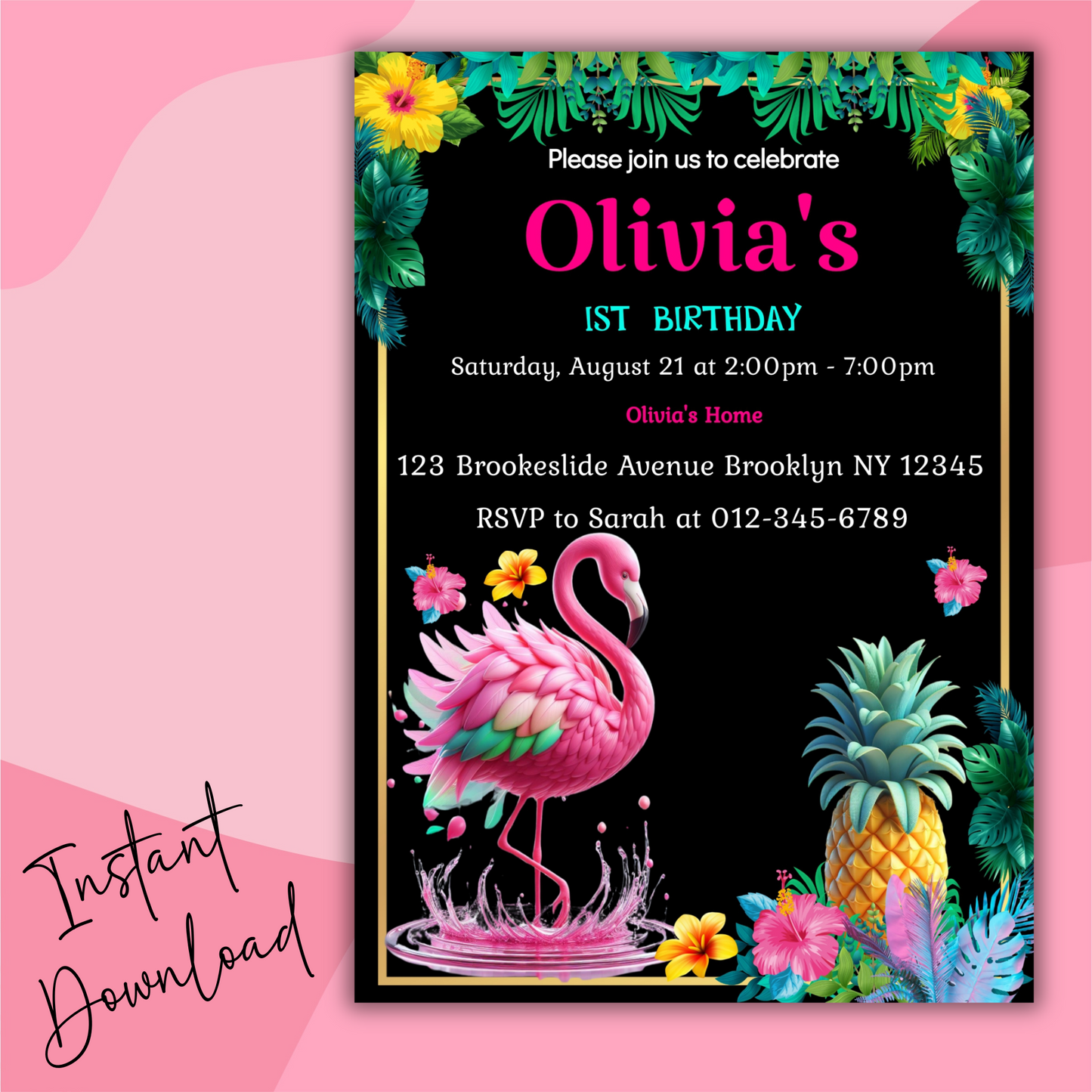 Flamingo Birthday Party Digital Invitation, Let's Flamingle Invitation, Tropical Birthday Invite, Pink Flamingo Invite, Summer Party Invite