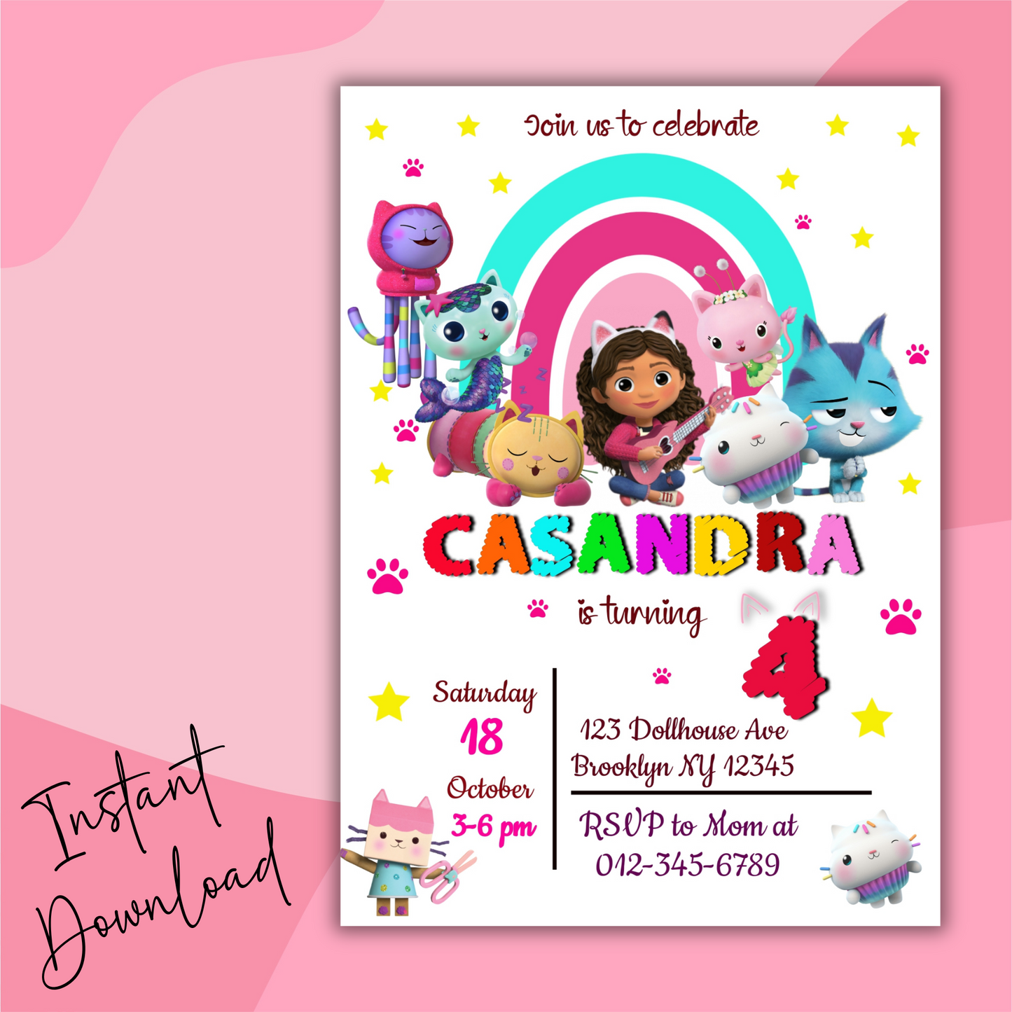Gabby's Dollhouse Digital Birthday Party Invitation, Colorful Gabby Dollhouse Kids Birthday Invite, Kids Digital Printable Invitation