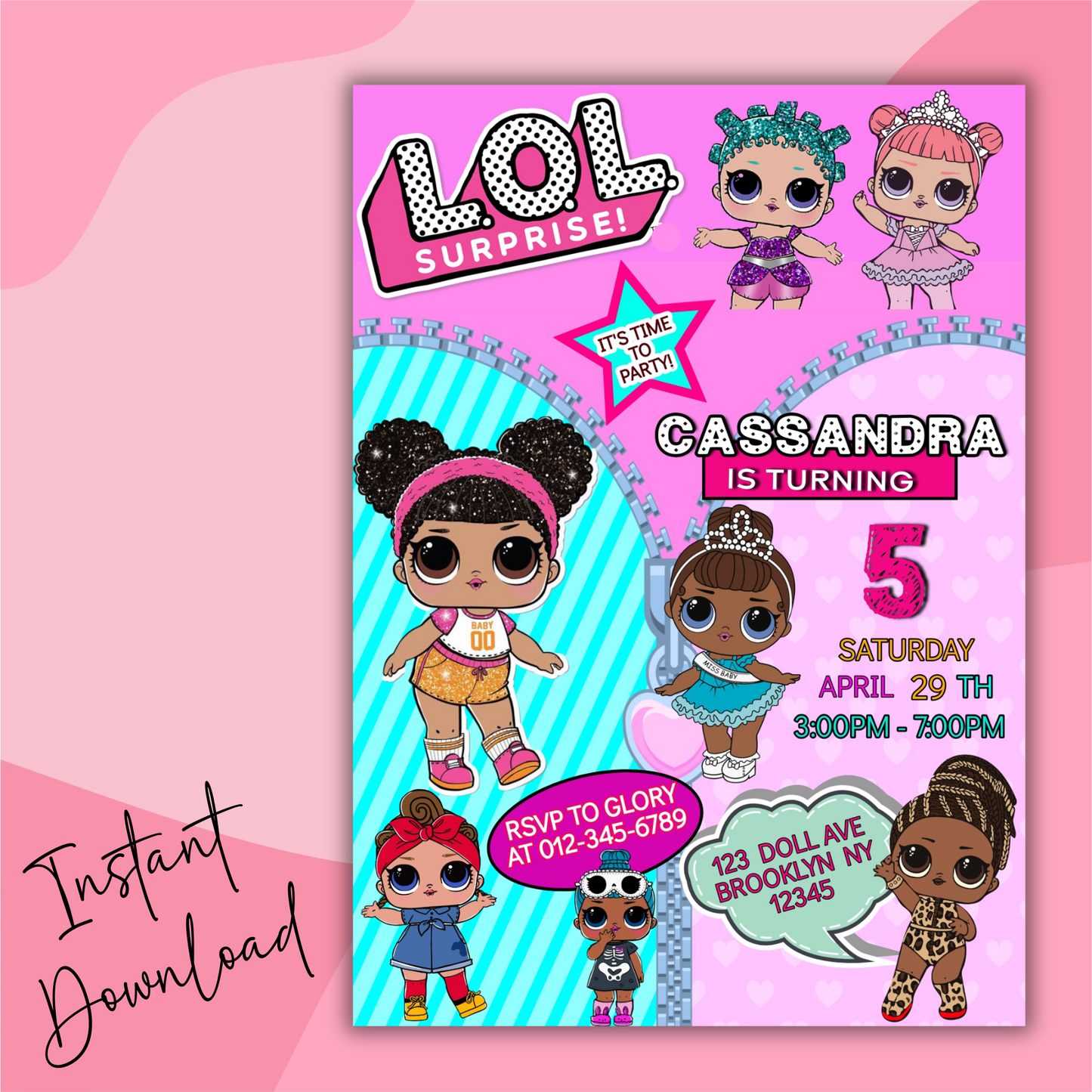 Lol Birthday Digital Invitation, Cute Lol Birthday Cards, Editable Lol Doll Birthday Invitation, LOL Girl Birthday Pink Invitation