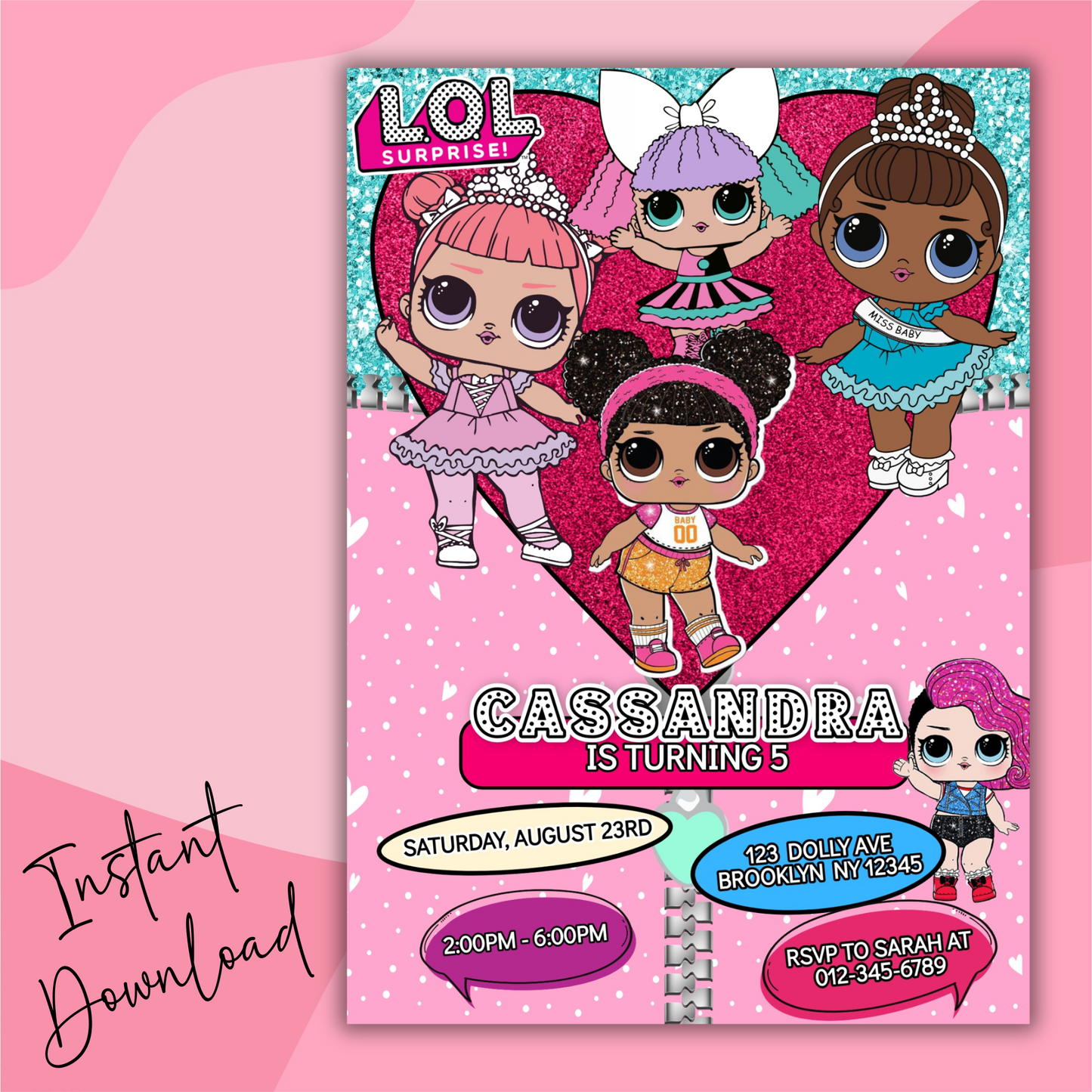Lol Birthday Digital Invitation, Cute Lol Birthday Cards, Editable Lol Doll Birthday Invitation, LOL Girl Birthday Pink Invitation