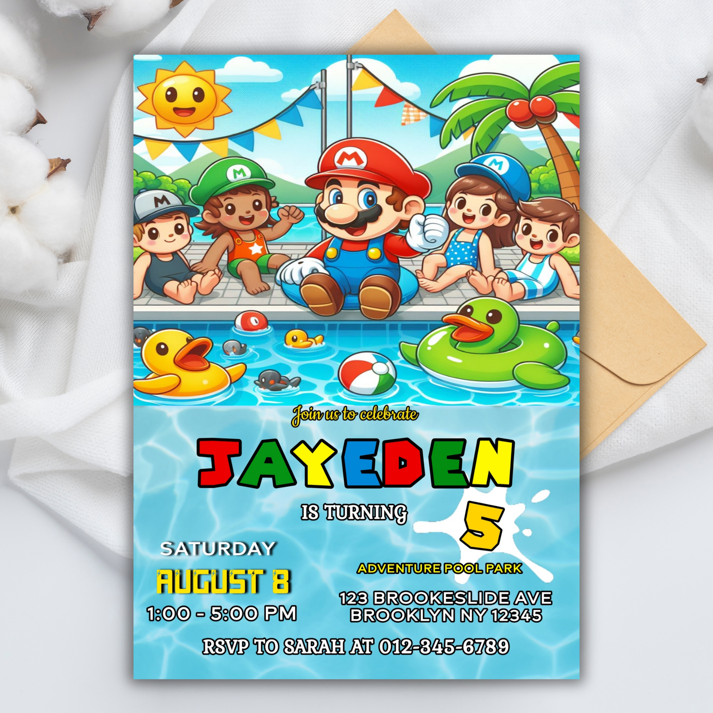 Super Mario Pool Birthday Invitation, Super Mario Pool Party Invitation, Pool Party Kids Birthday Invitation, Super Mario Pool Party Invite