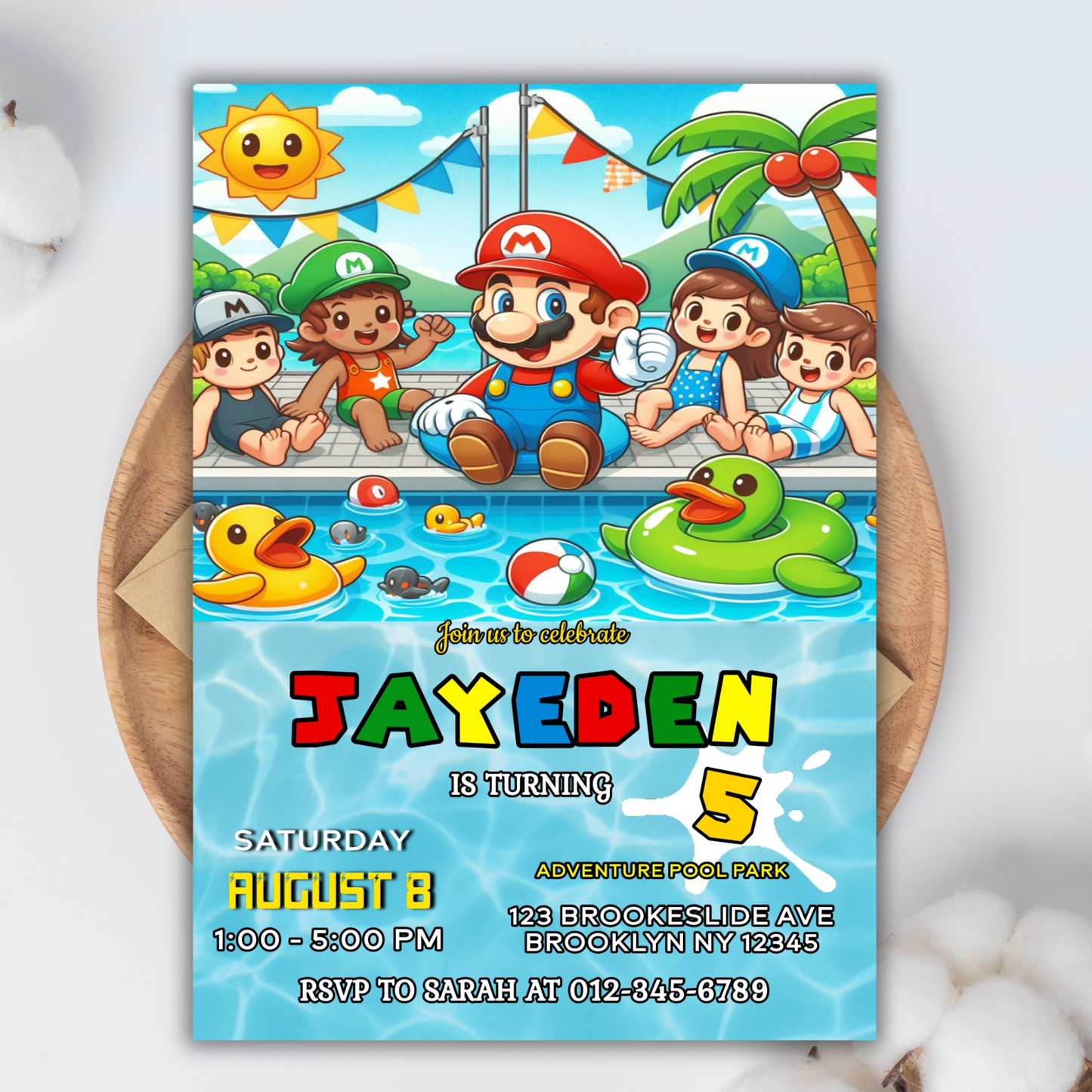 Super Mario Pool Birthday Invitation, Super Mario Pool Party Invitation, Pool Party Kids Birthday Invitation, Super Mario Pool Party Invite