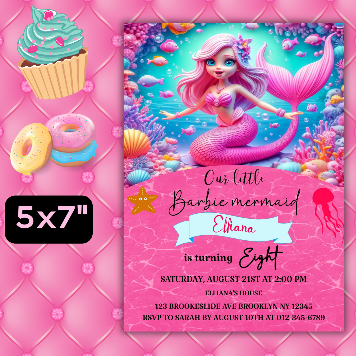 Mermaid Doll Birthday Invite, Barbie Mermaid Birthday Party Invite, Under the Sea Birthday Party Invite, Pink Mermaid Birthday Invite