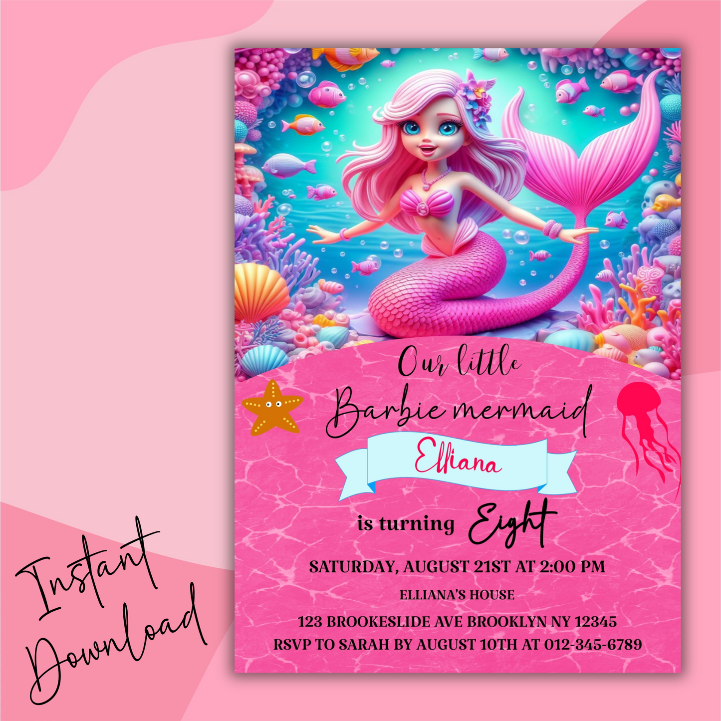 Mermaid Doll Birthday Invite, Barbie Mermaid Birthday Party Invite, Under the Sea Birthday Party Invite, Pink Mermaid Birthday Invite