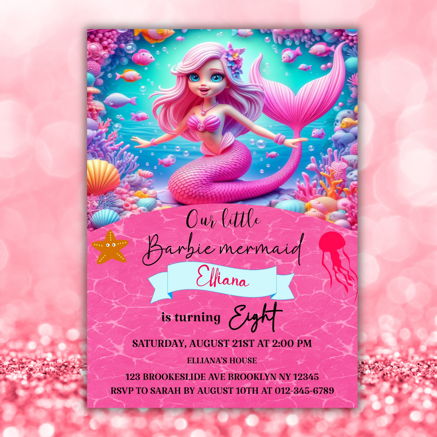 Mermaid Doll Birthday Invite, Barbie Mermaid Birthday Party Invite, Under the Sea Birthday Party Invite, Pink Mermaid Birthday Invite