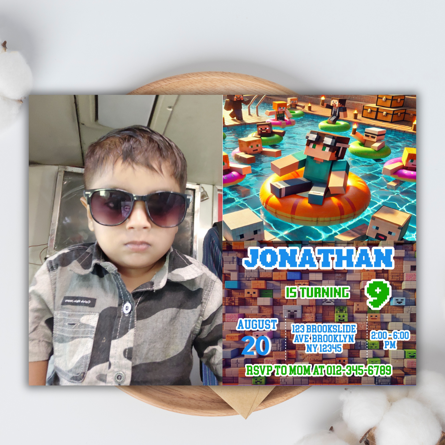 Minecraft Picture Birthday Pool Party Invitation | Pink Picture Pixel Water Party Invite | Boys Minecraft Gamer Pool Party Birthday Digital Invite