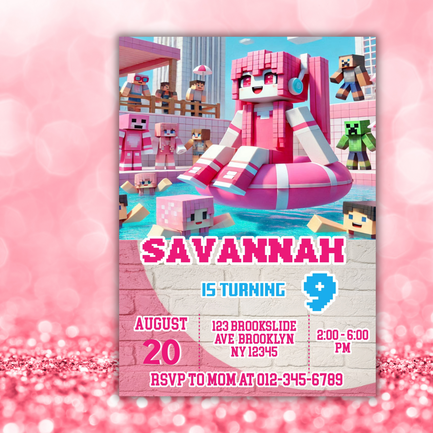 Minecraft Birthday Pool Party Invitation | Pink Digital Pixel Water Party Invite | Girl Minecraft Gamer Pool Party Birthday Digital Invite