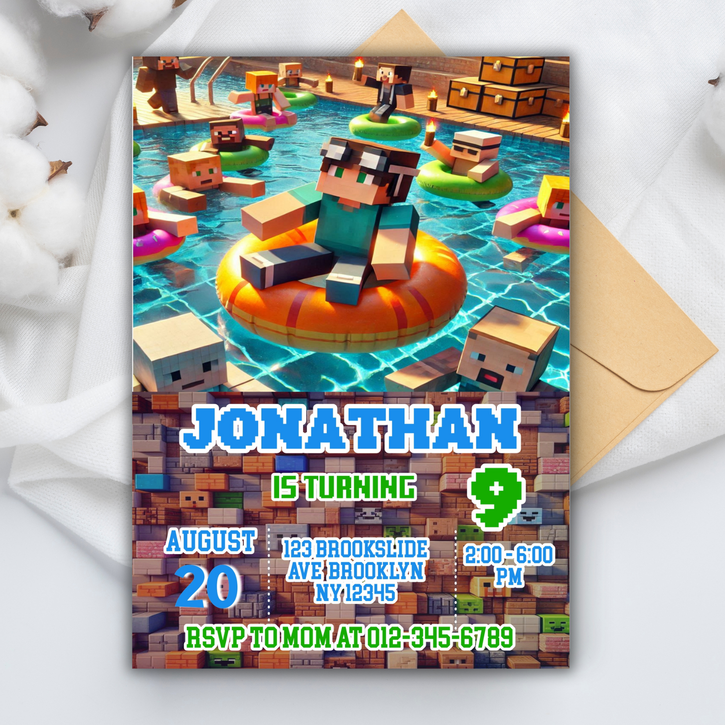 Minecraft Birthday Pool Party Invitation | Pink Digital Pixel Water Party Invite | Boy Minecraft Gamer Pool Party Birthday Digital Invite
