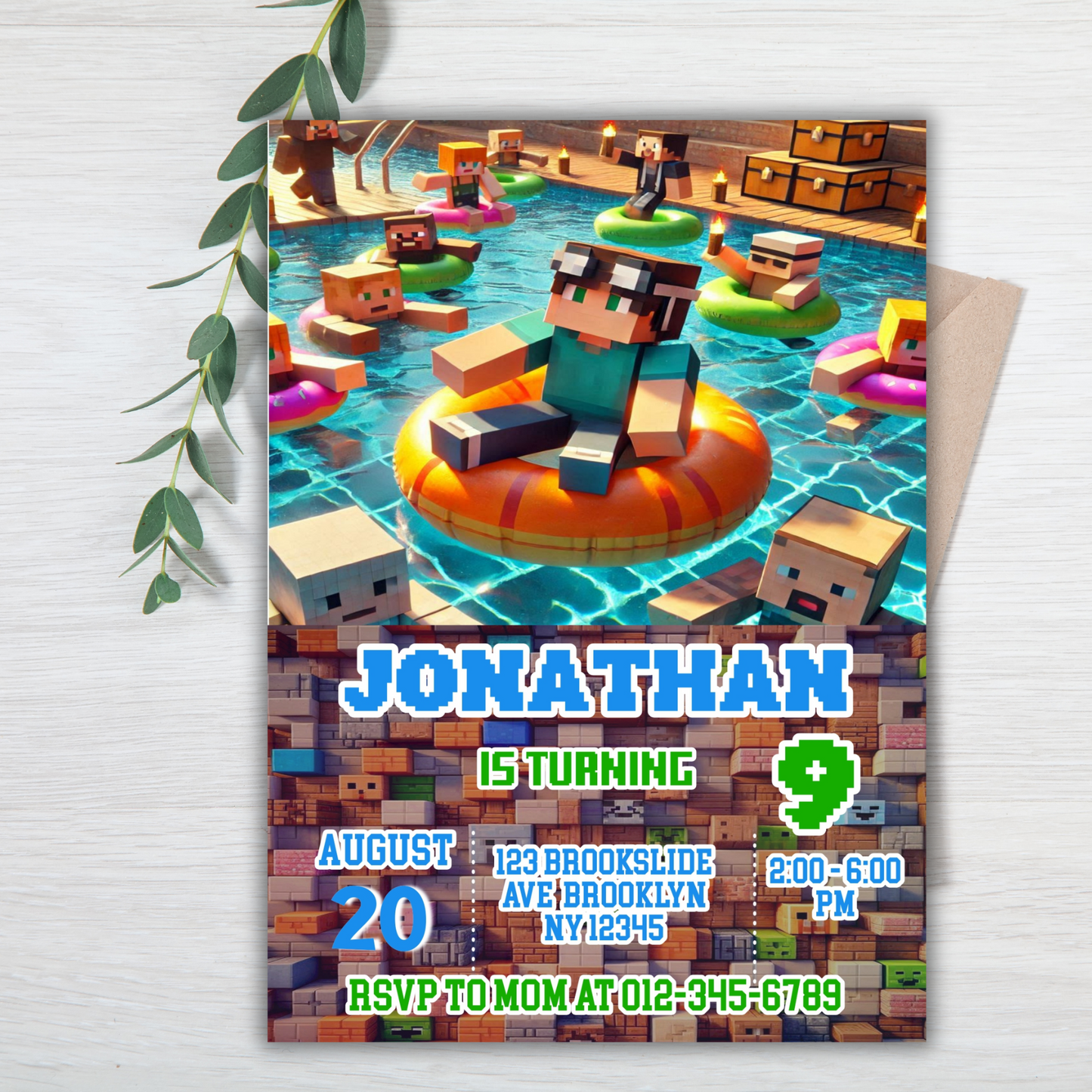 Minecraft Birthday Pool Party Invitation | Pink Digital Pixel Water Party Invite | Boy Minecraft Gamer Pool Party Birthday Digital Invite