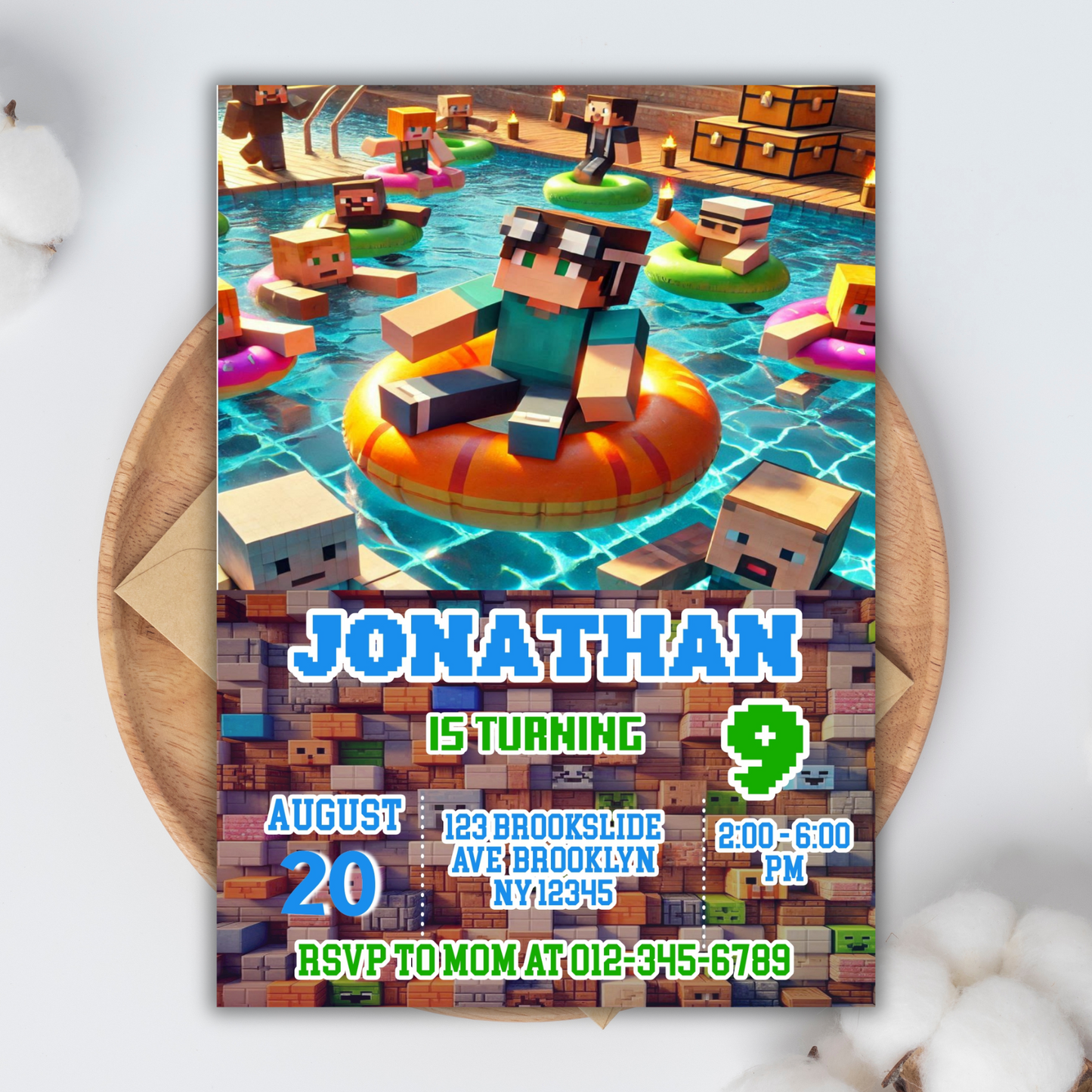 Minecraft Birthday Pool Party Invitation | Pink Digital Pixel Water Party Invite | Boy Minecraft Gamer Pool Party Birthday Digital Invite